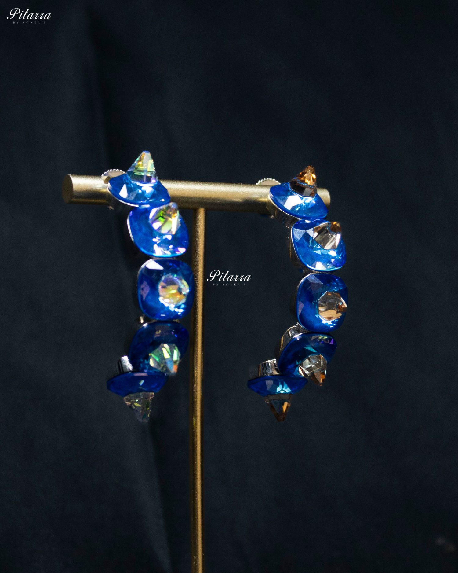 Blue Stone Pyramid Cut Crystal Hoop Earrings