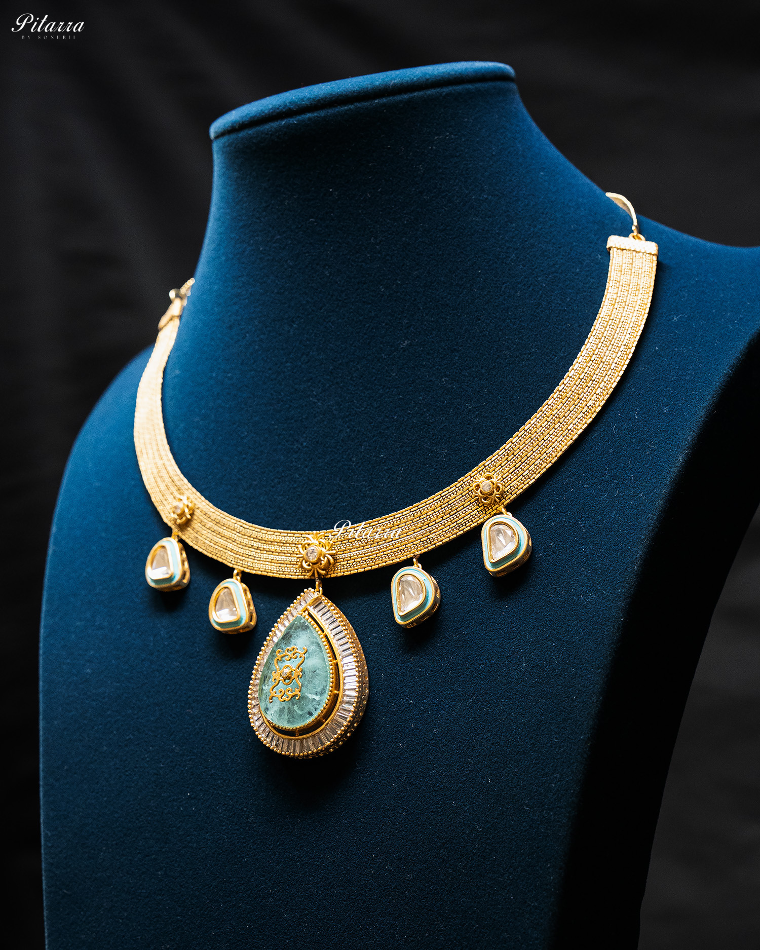Big Sky Blue Teardrop Gold Plated Kundan Necklace Set