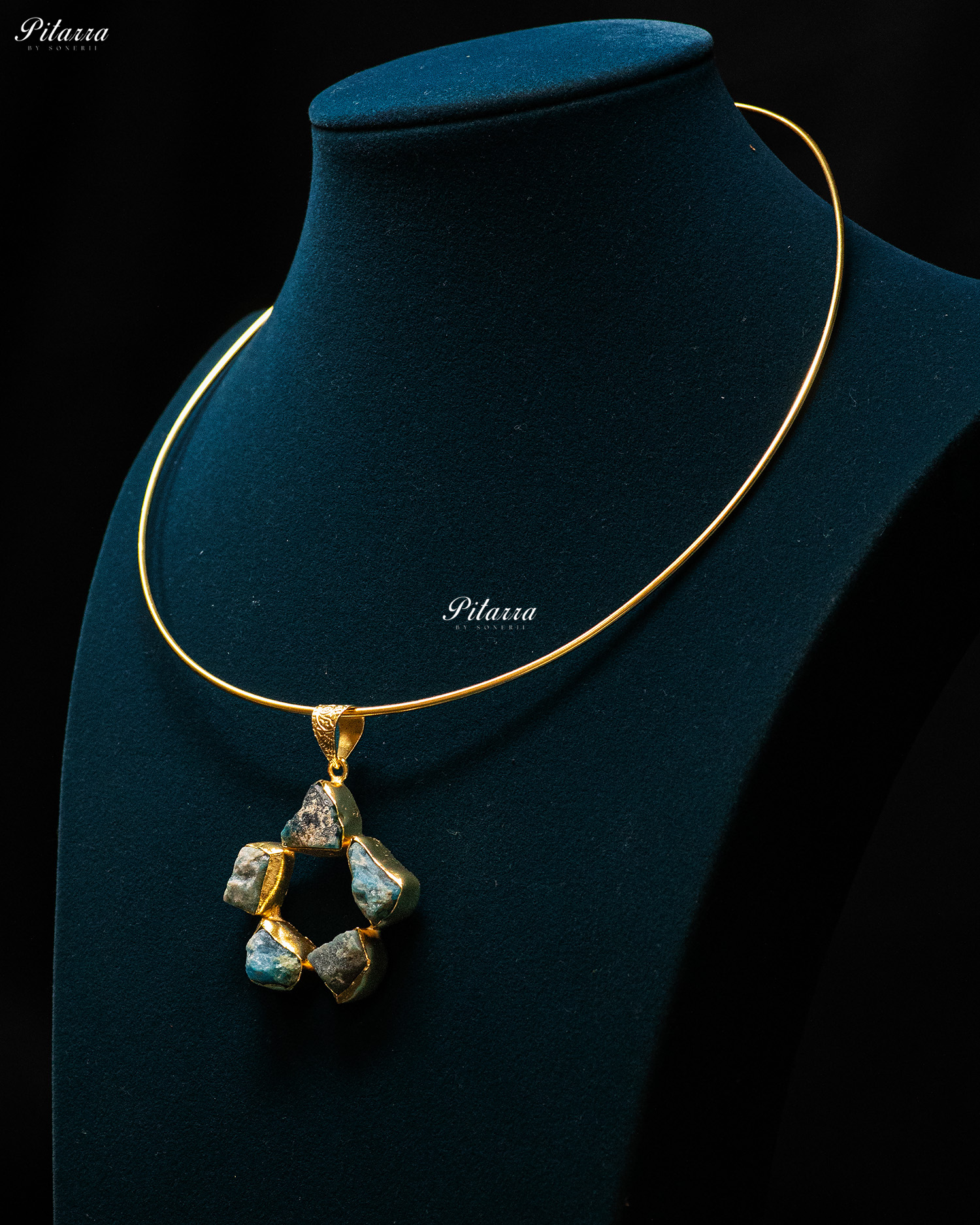 Five Circular Blue Raw Stone Gold Plated Collar Pendant