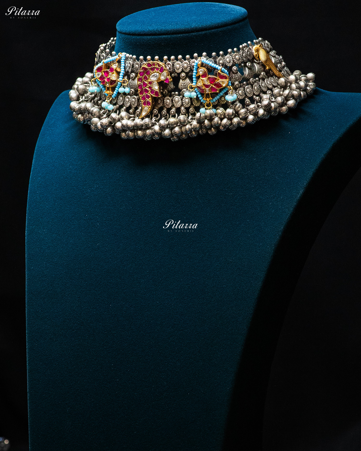 Pink Peacock Pink Bird Ghunghroo Silver Look Alike Choker Set