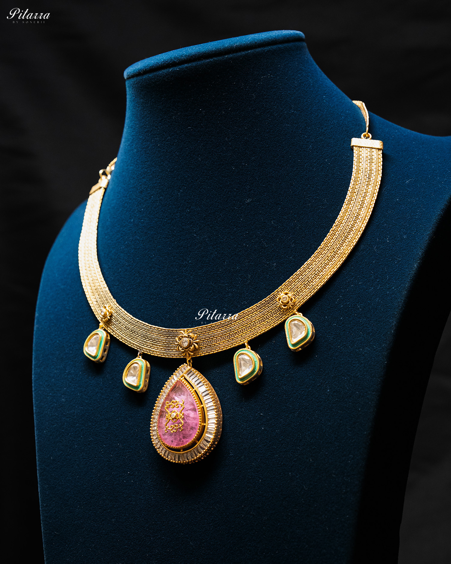 Big Pink Teardrop Gold Plated Kundan Necklace Set