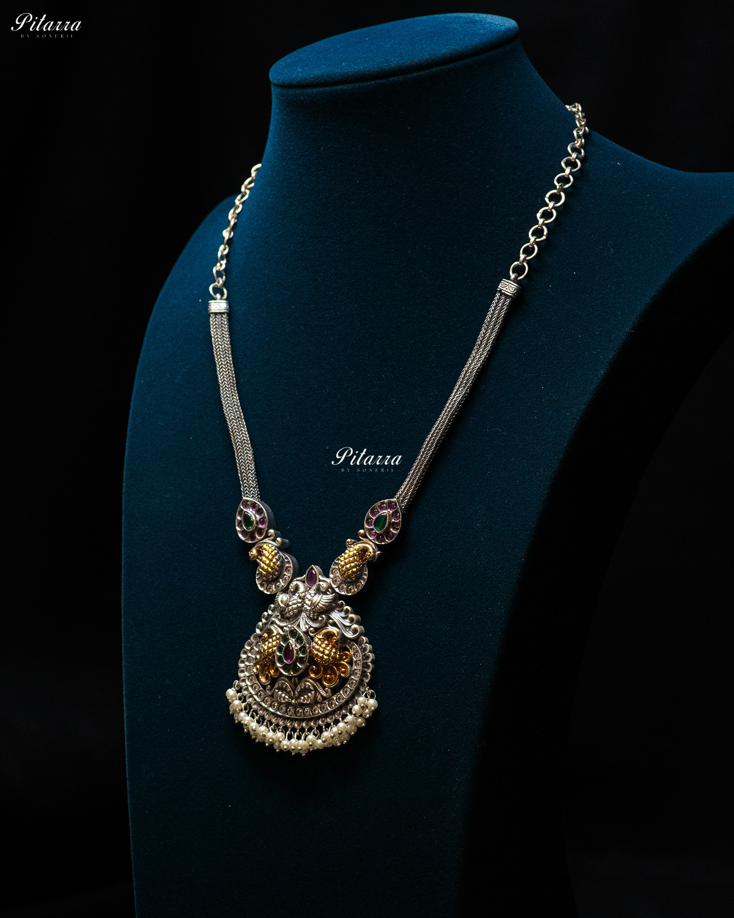 Peacock Carved Pink Stone White Layer Stone Silver Look Alike Pendant Set
