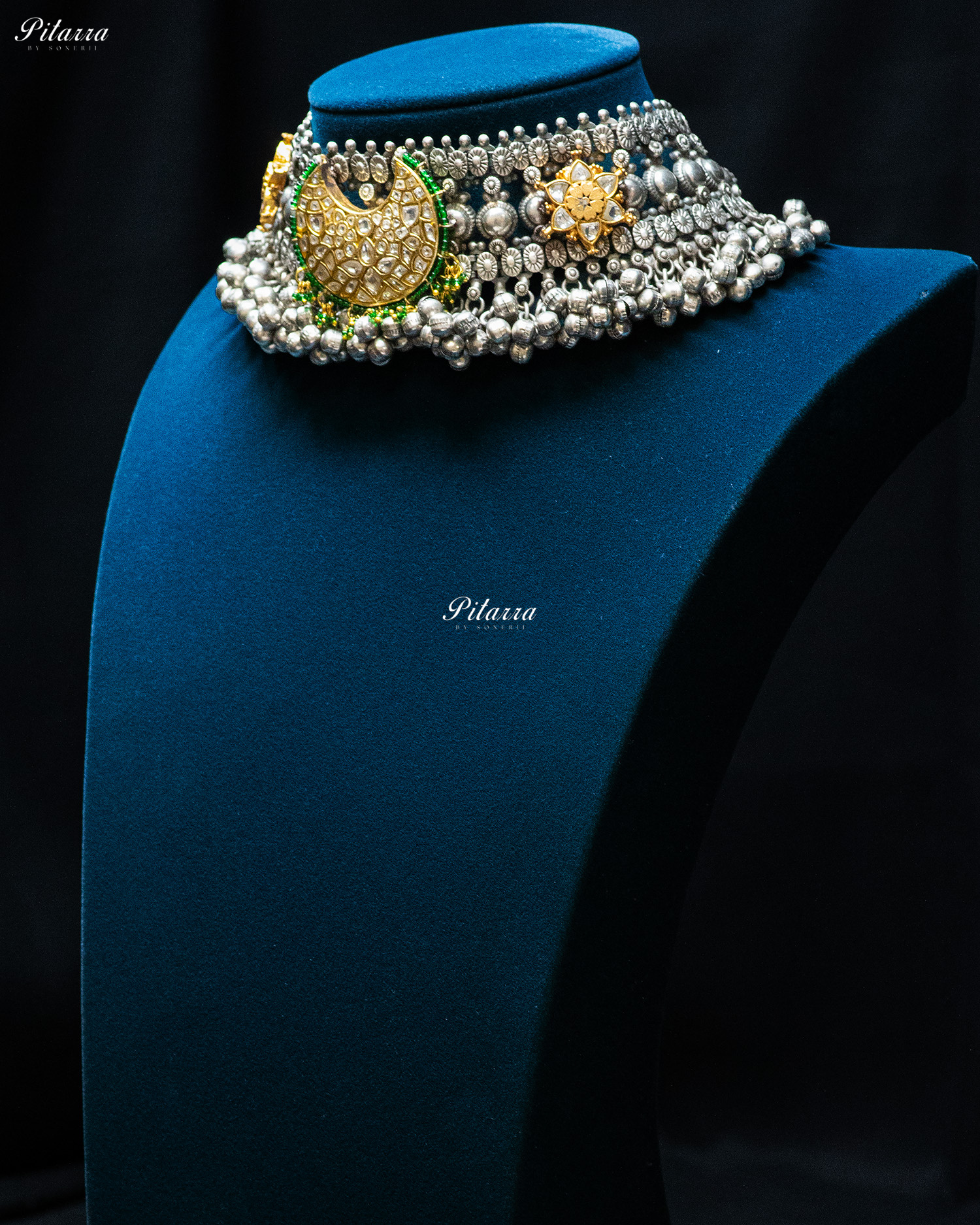 Golden Flora Green Moon Ghunghroo Silver Look Alike Choker Set