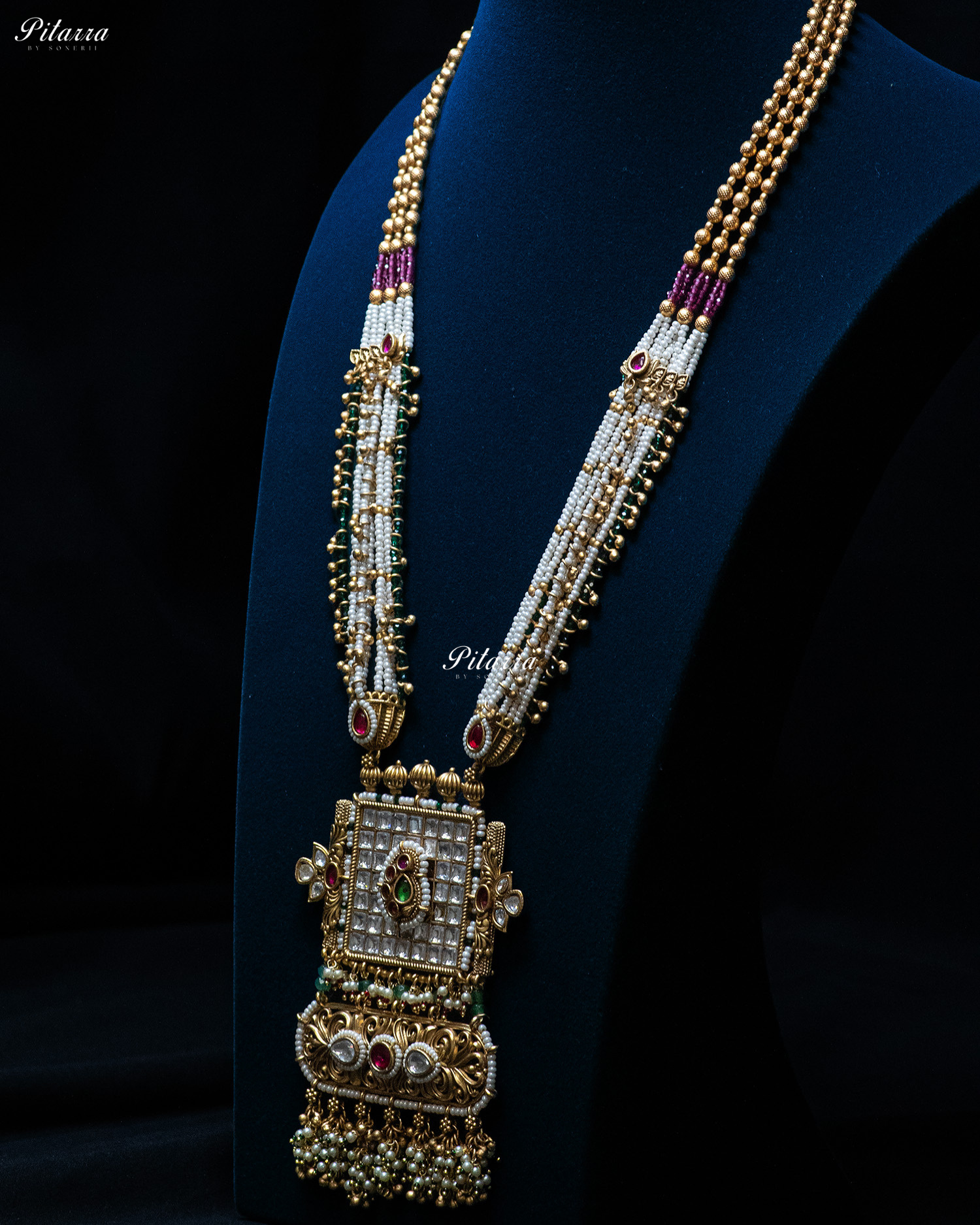 Golden Dual Stone Multi Strand Long Kundan Necklace Set