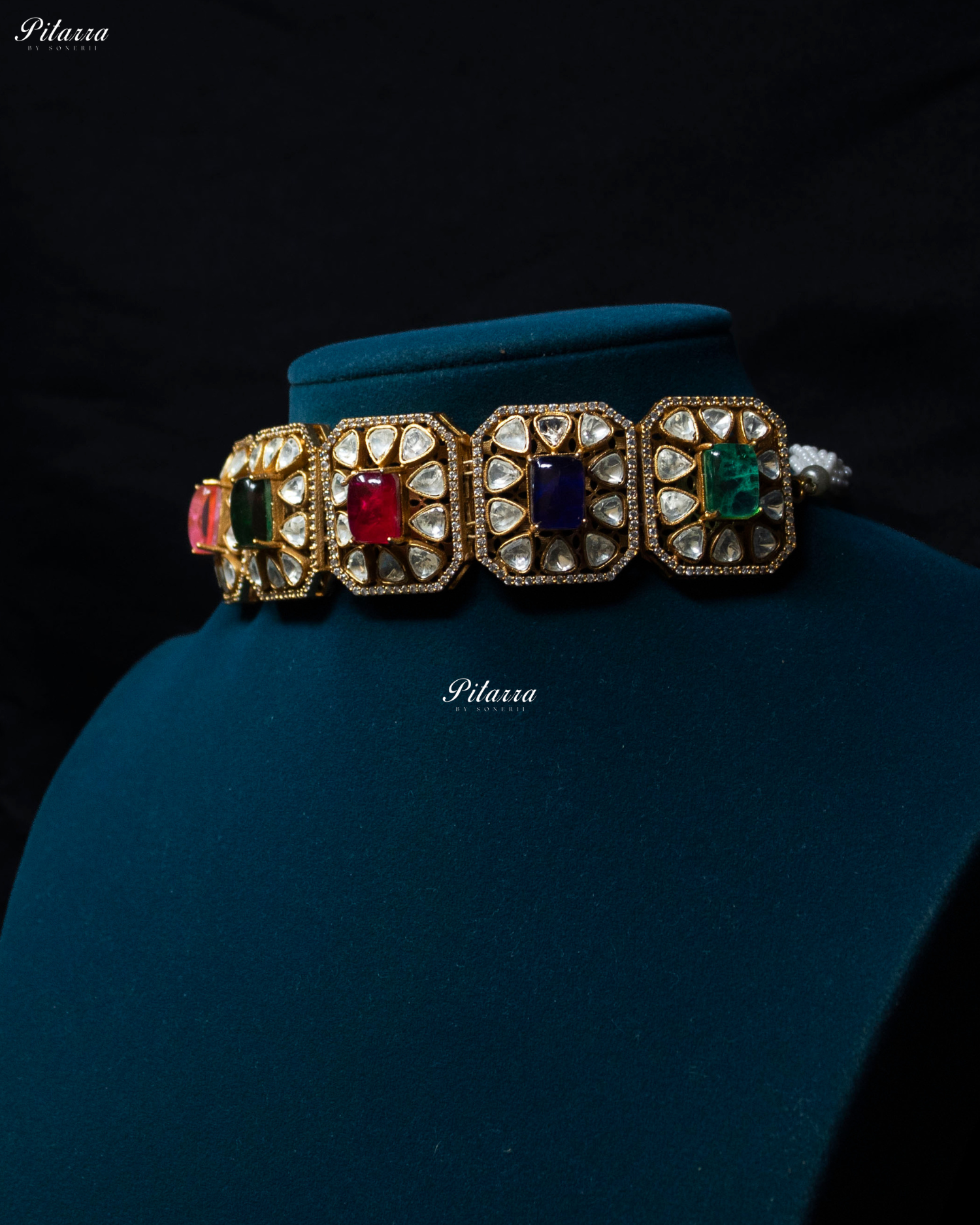 Multicolor Square Stone Polki Kundan Choker Set