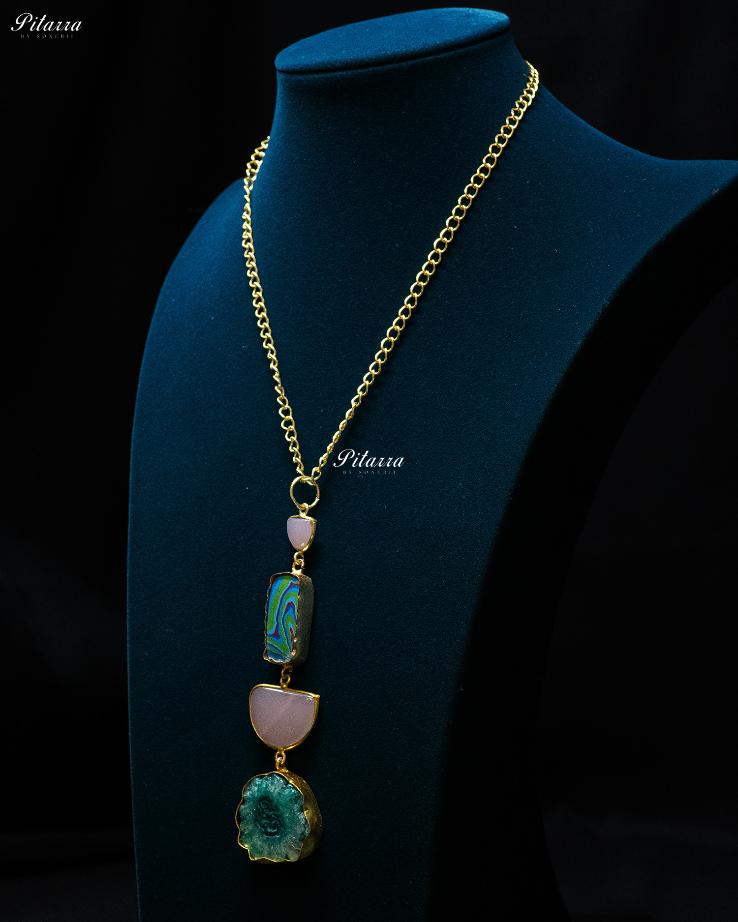 Purple Blue Textured Circle Four Raw Stone Long Pendant