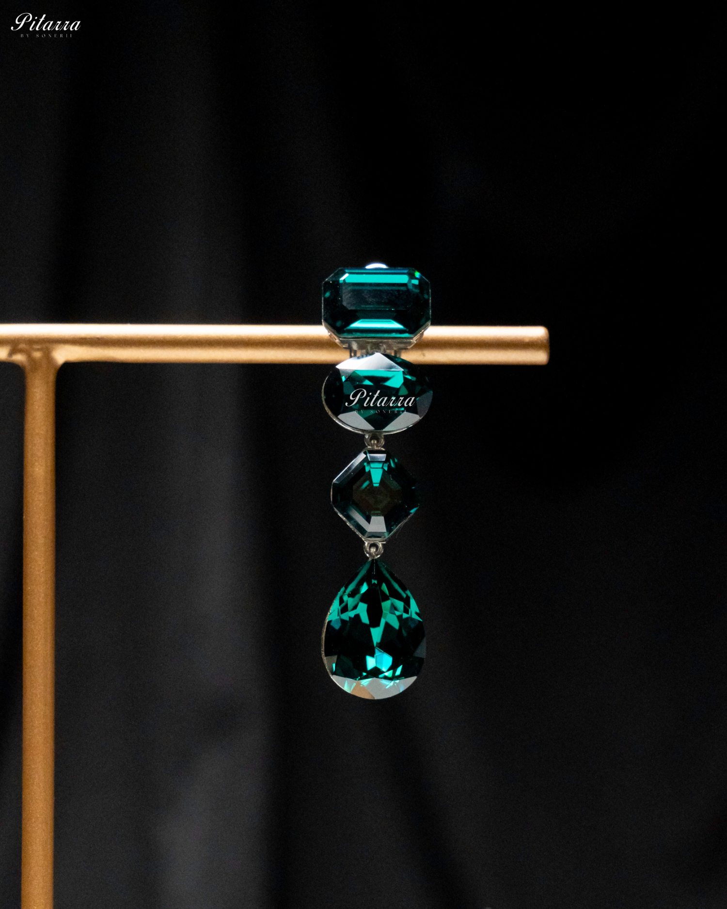 Emerald Stone Studded Geometric Crystal Drop Earrings