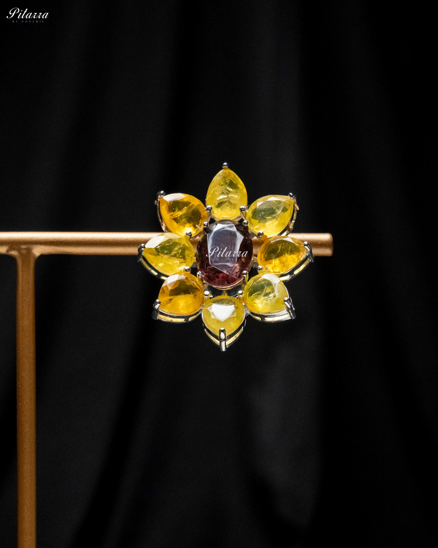 Brown Floral Yellow Petals CZ Doublet Stud Earrings