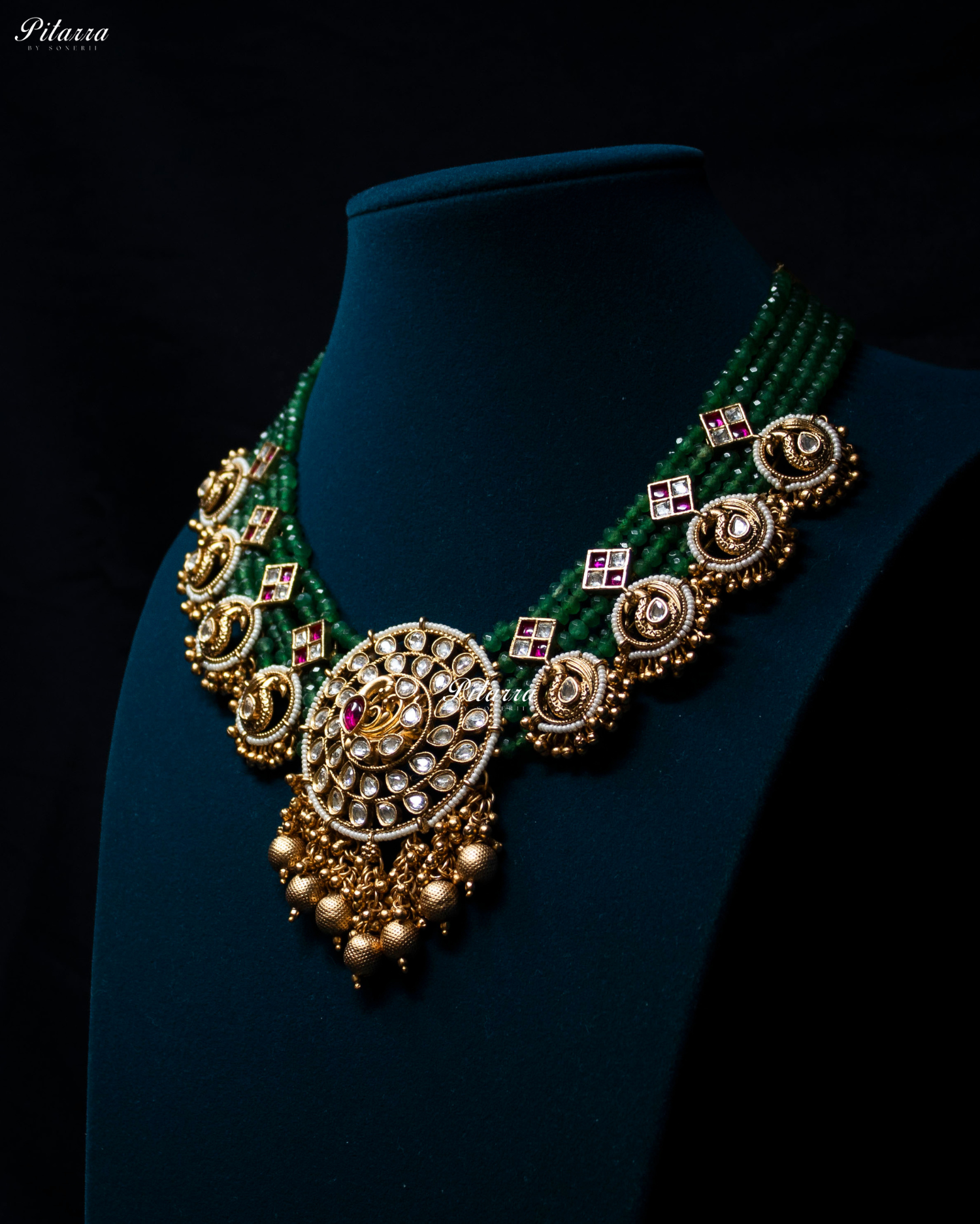 Bird Motif Pendant Emerald Beads Kundan Necklace Set