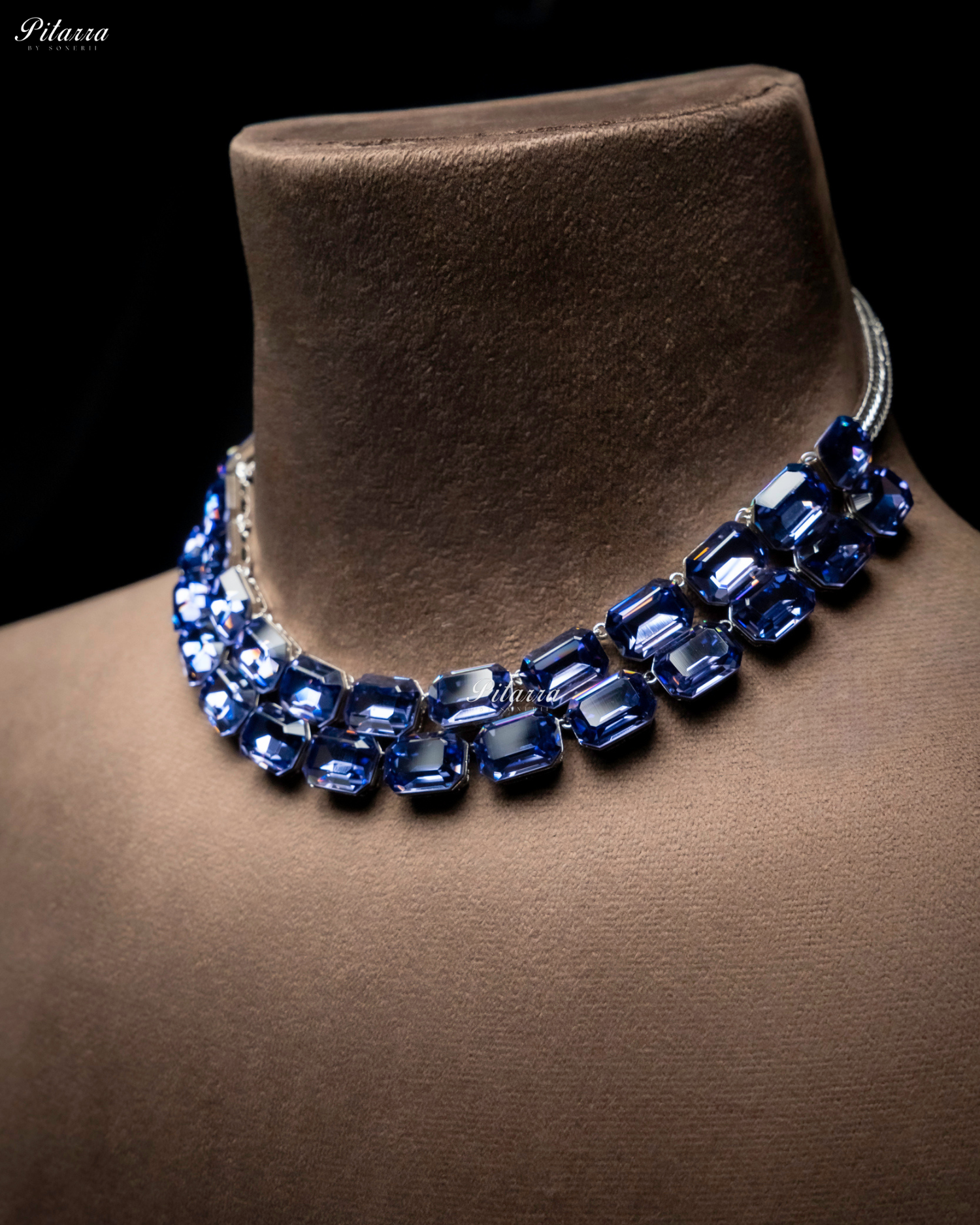 Octagon Cut Two Layer Blue Oversized Crystal Necklace