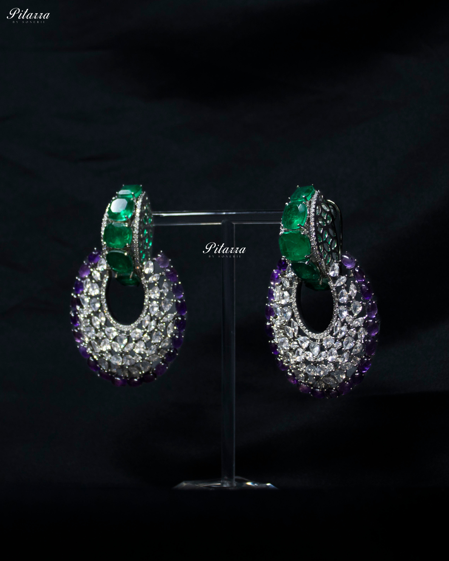 Emerald Stone Purple Layer Cubic Zirconia Dangler Earrings