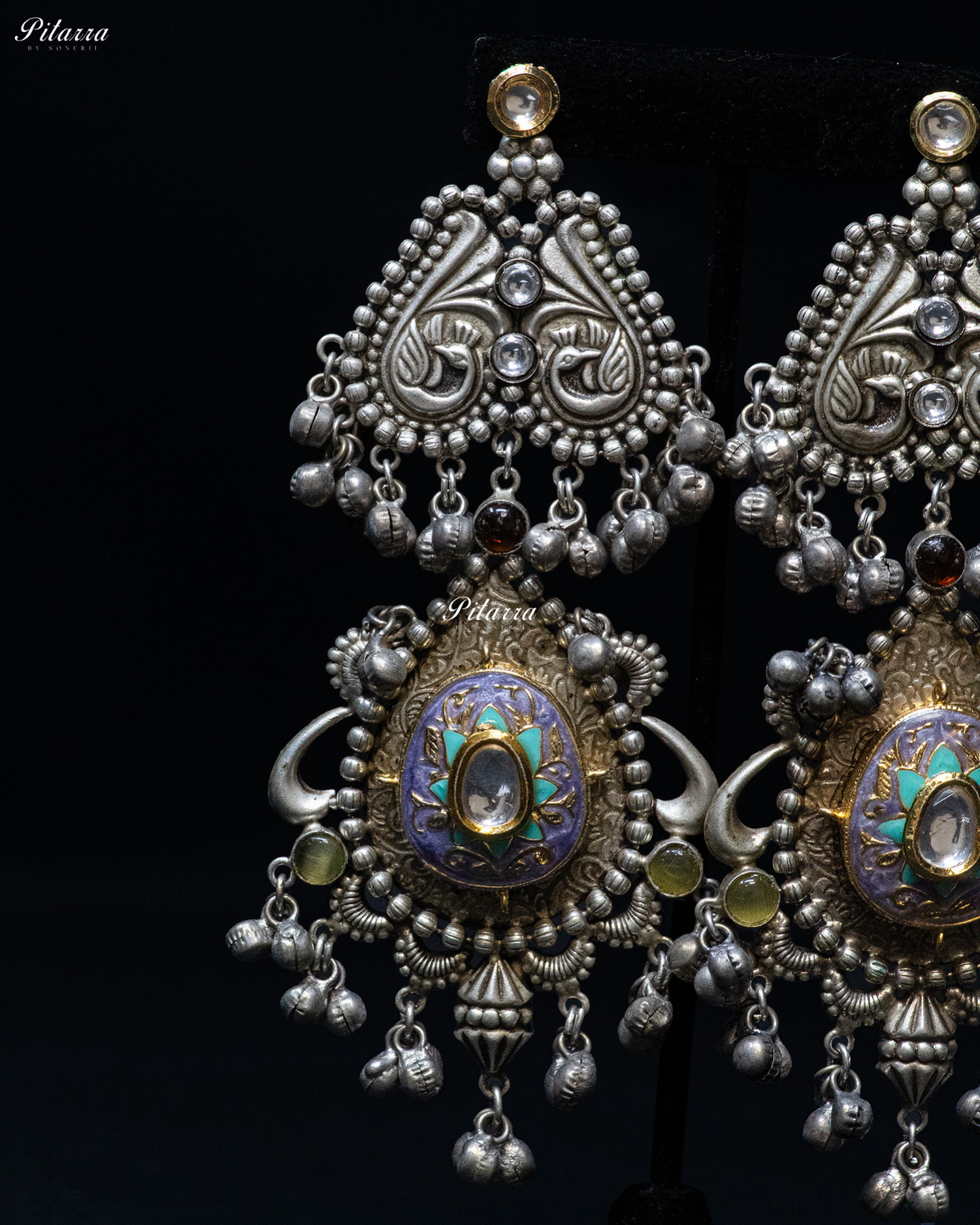 Peacock Design Purple Antique Drop Silver Look Alike Dangle Earrings