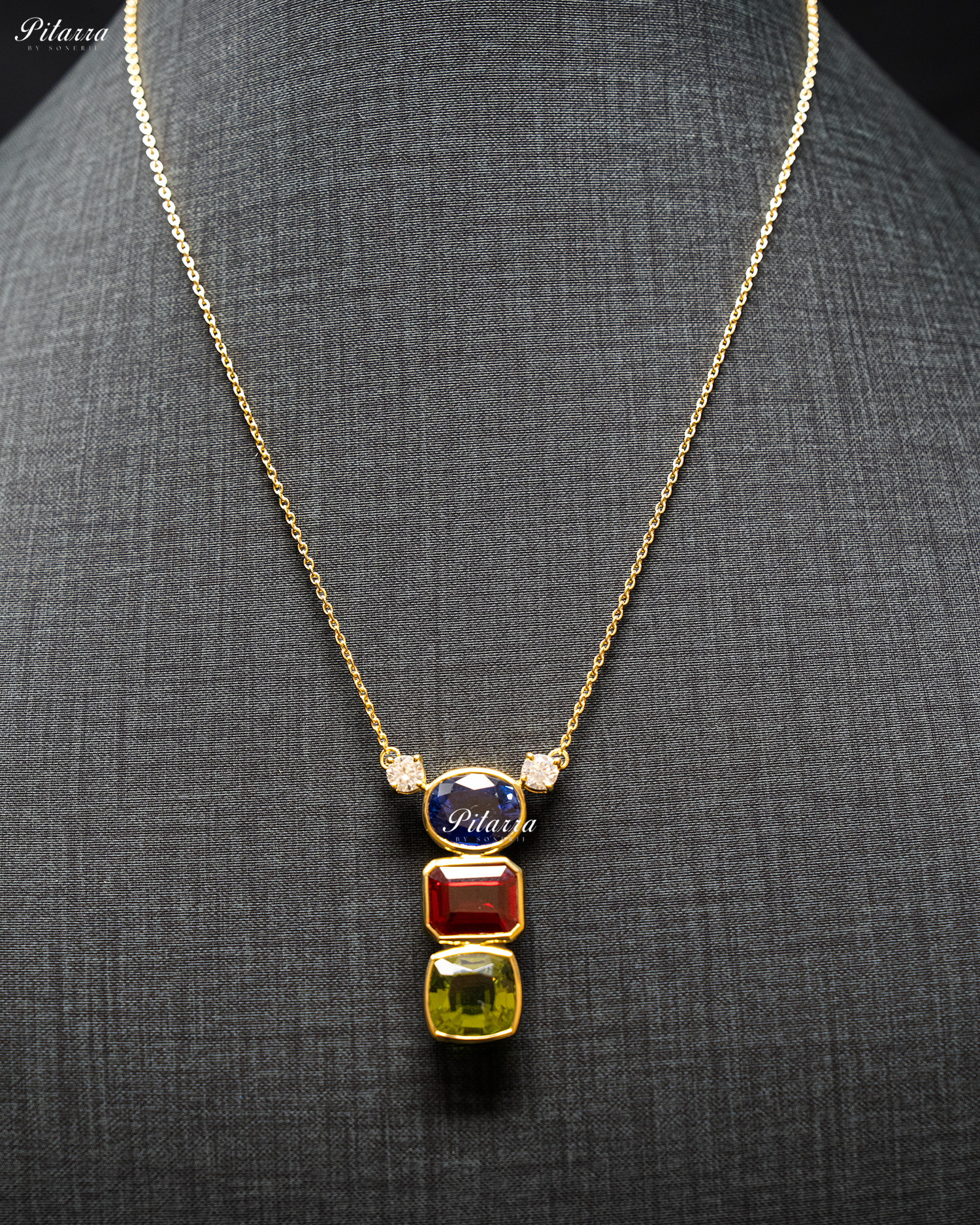 Gold Chain Round Blue Top Stone Square Green Pendent Set
