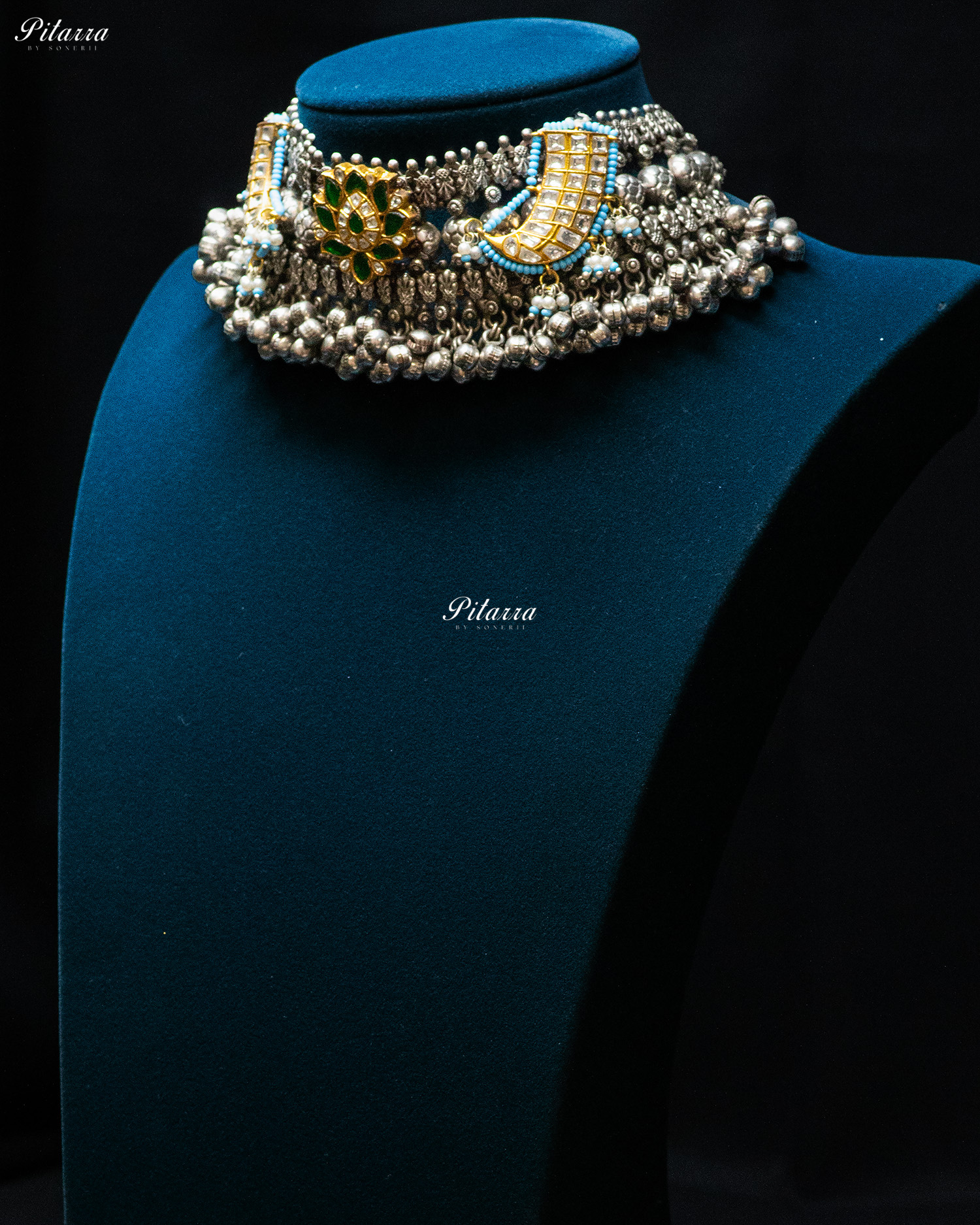 Green Flora White Sword Ghunghroo Silver Look Alike Choker Set