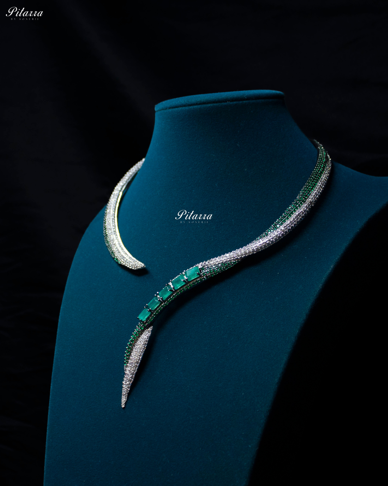 Green Stone Sleek CZ Choker Statement Necklace Set