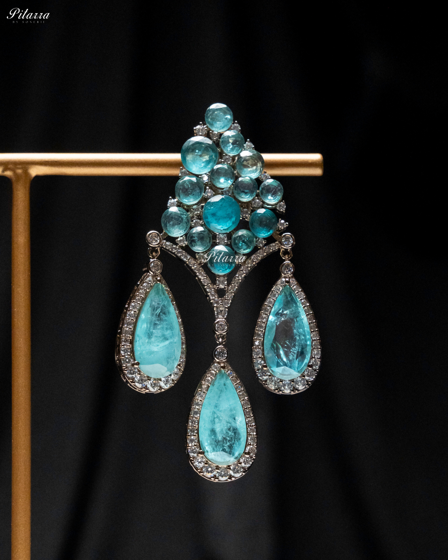 Turquoise Stone Three Teardrop CZ Doublet Dangler Earrings