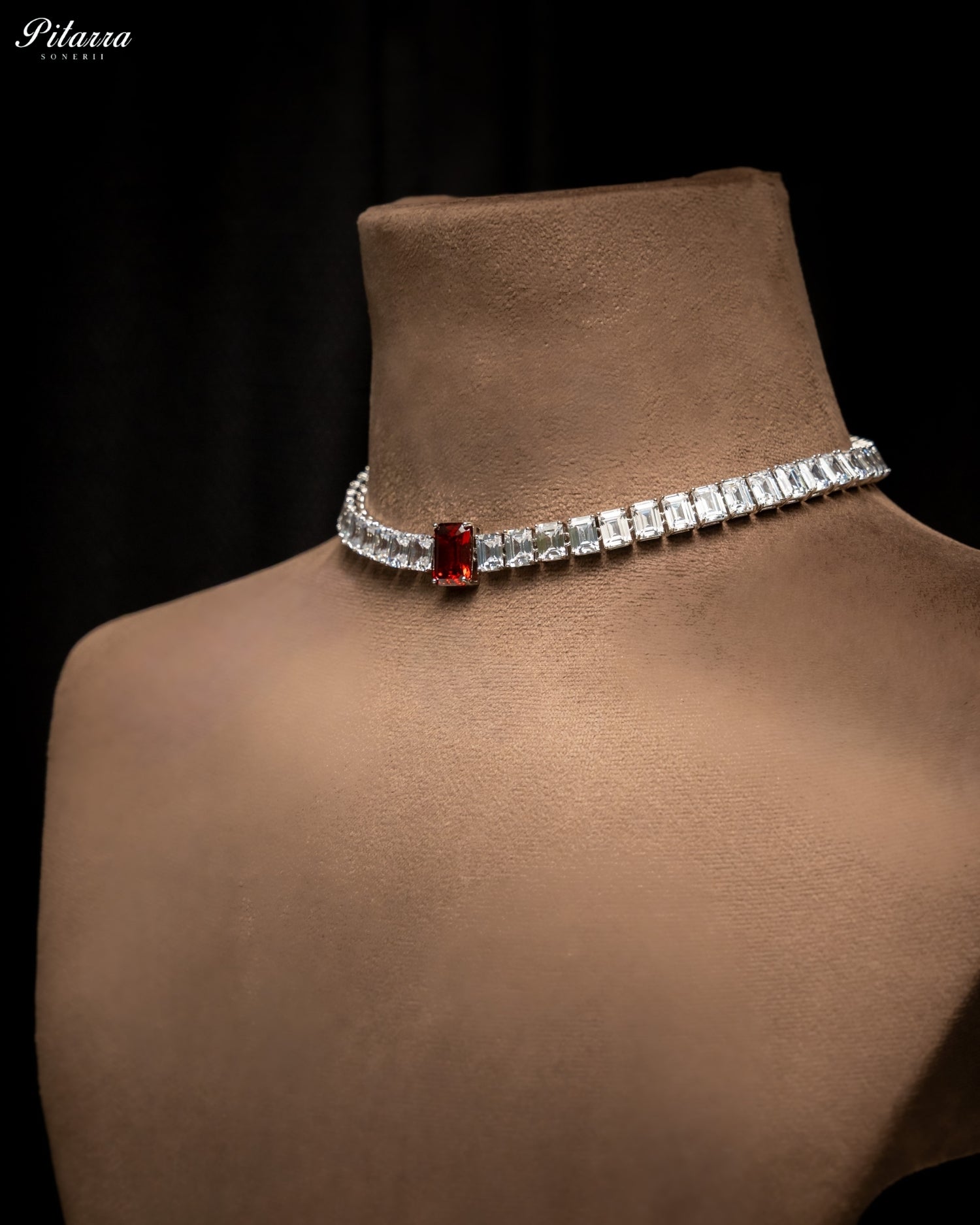 Red Diamond Baguette Cut Tennis Choker Necklace Set