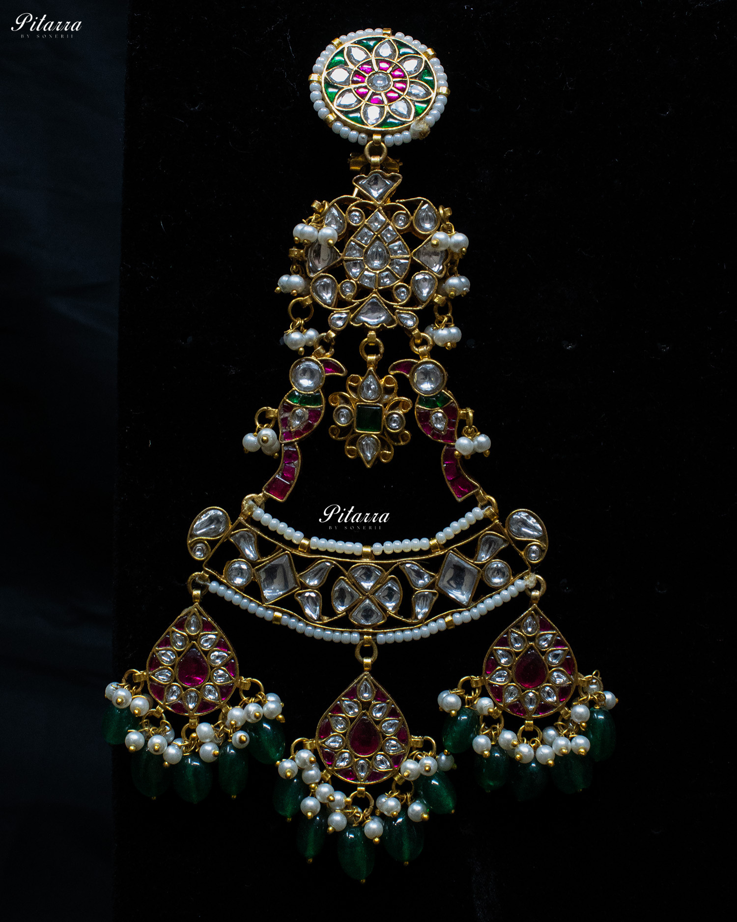 Long Emerald Beads Kundan Jadau Earrings