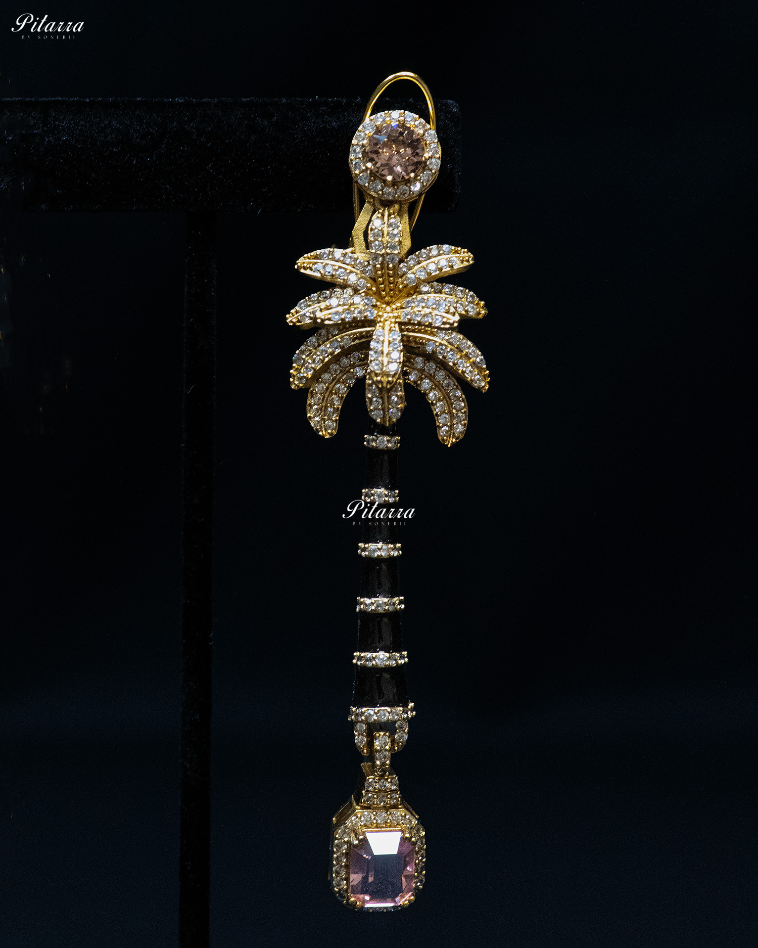 Golden and Baby Pink Stone Palm Tree Crystal Earrings