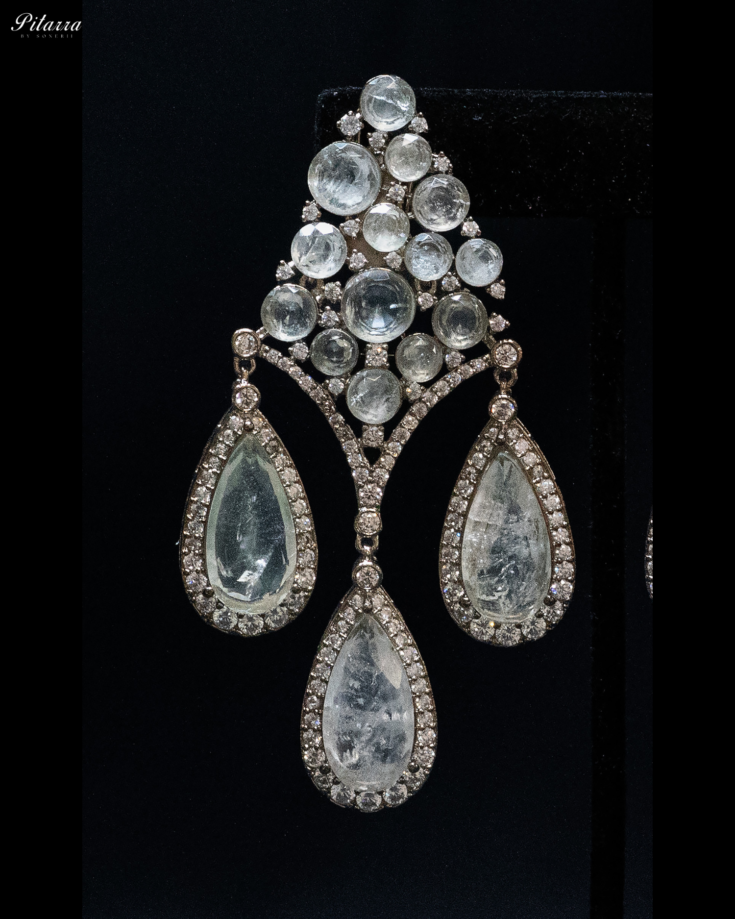 White Stone Three Teardrop Golden Finish CZ Crystal Dangler Earrings