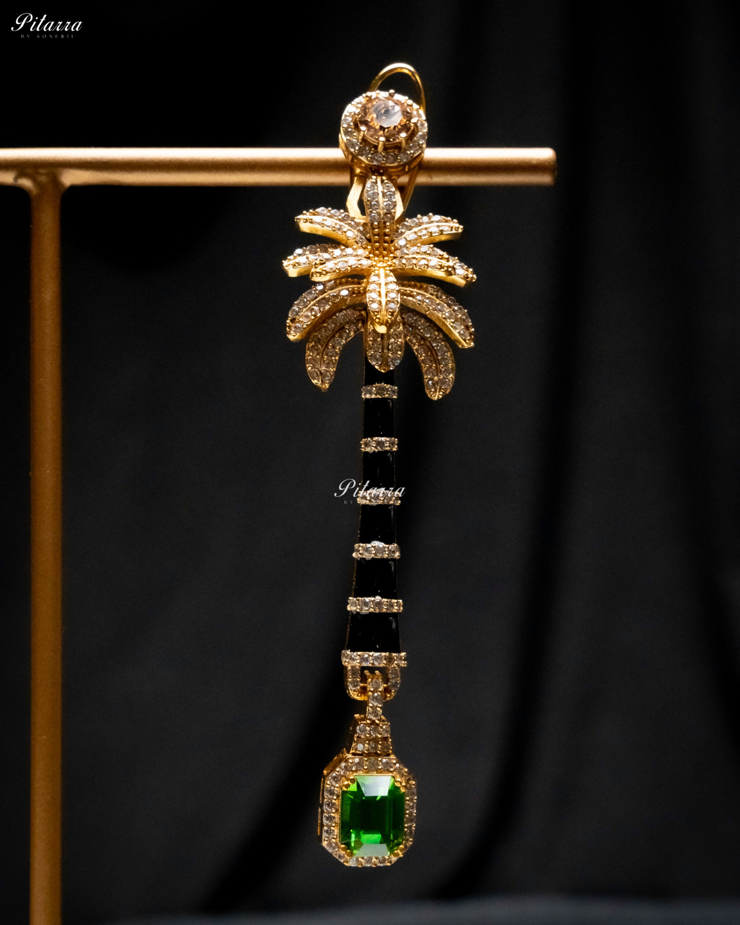 Golden and Green Stone Palm Tree Crystal Earrings