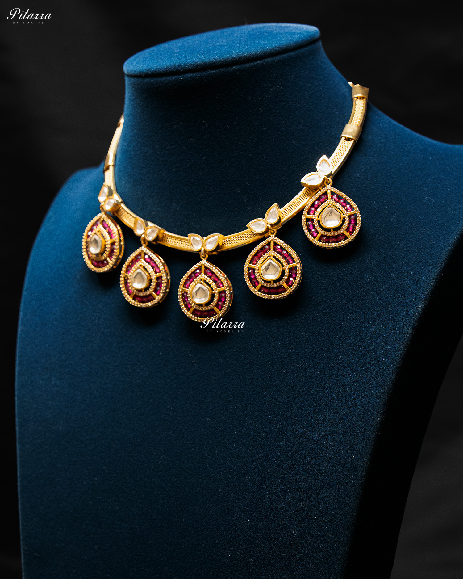 Pink Crystals Teardrop Gold Plated Kundan Necklace Set