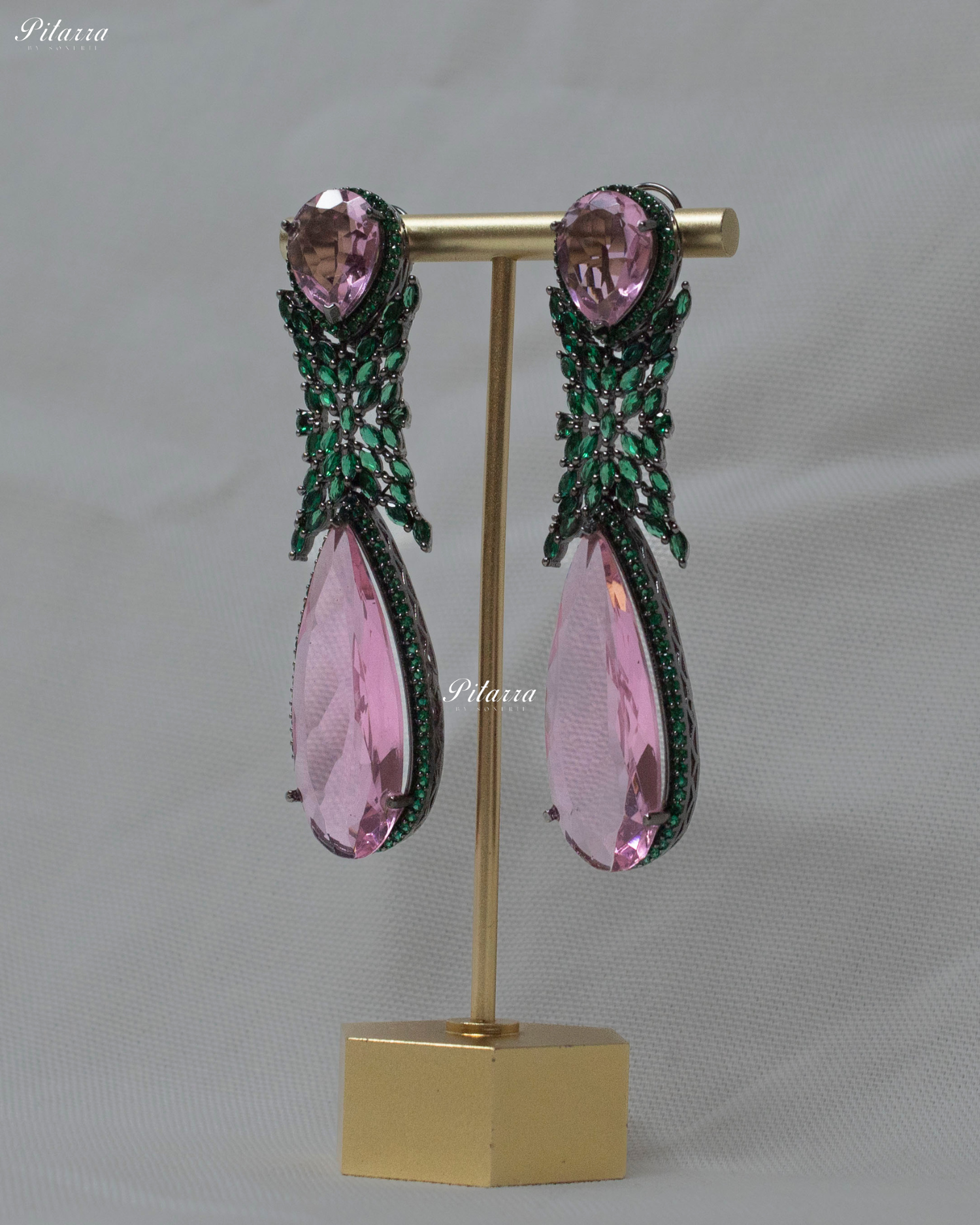 Pink Stone Green Finish Contemporary Drop Earrings