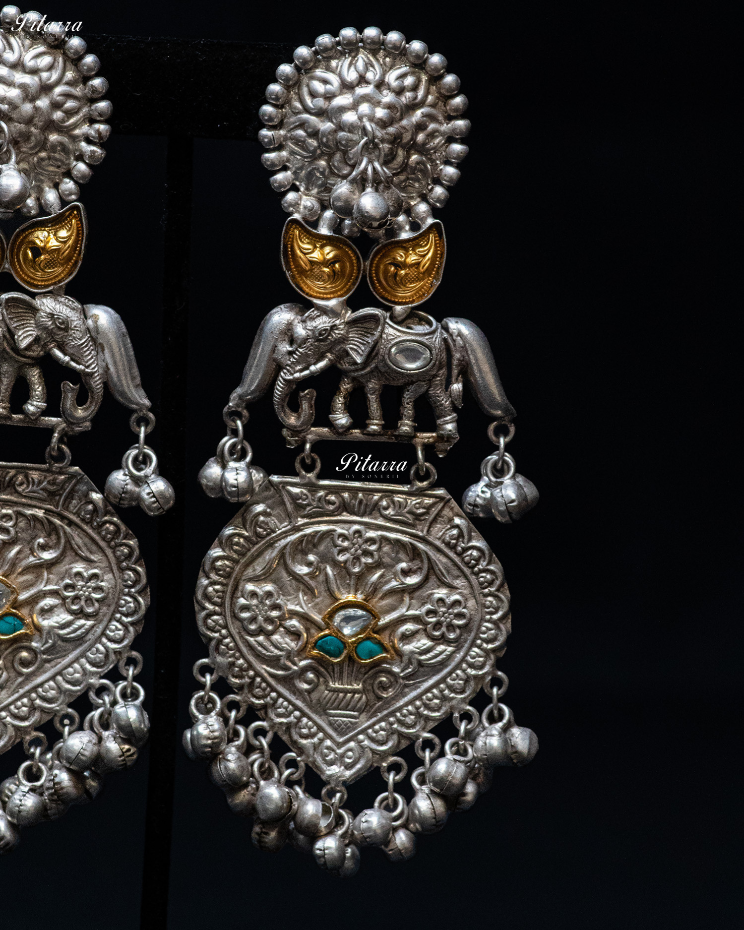 Elephant Stone Blue Center Stone Silver Look Alike Dangler Earrings