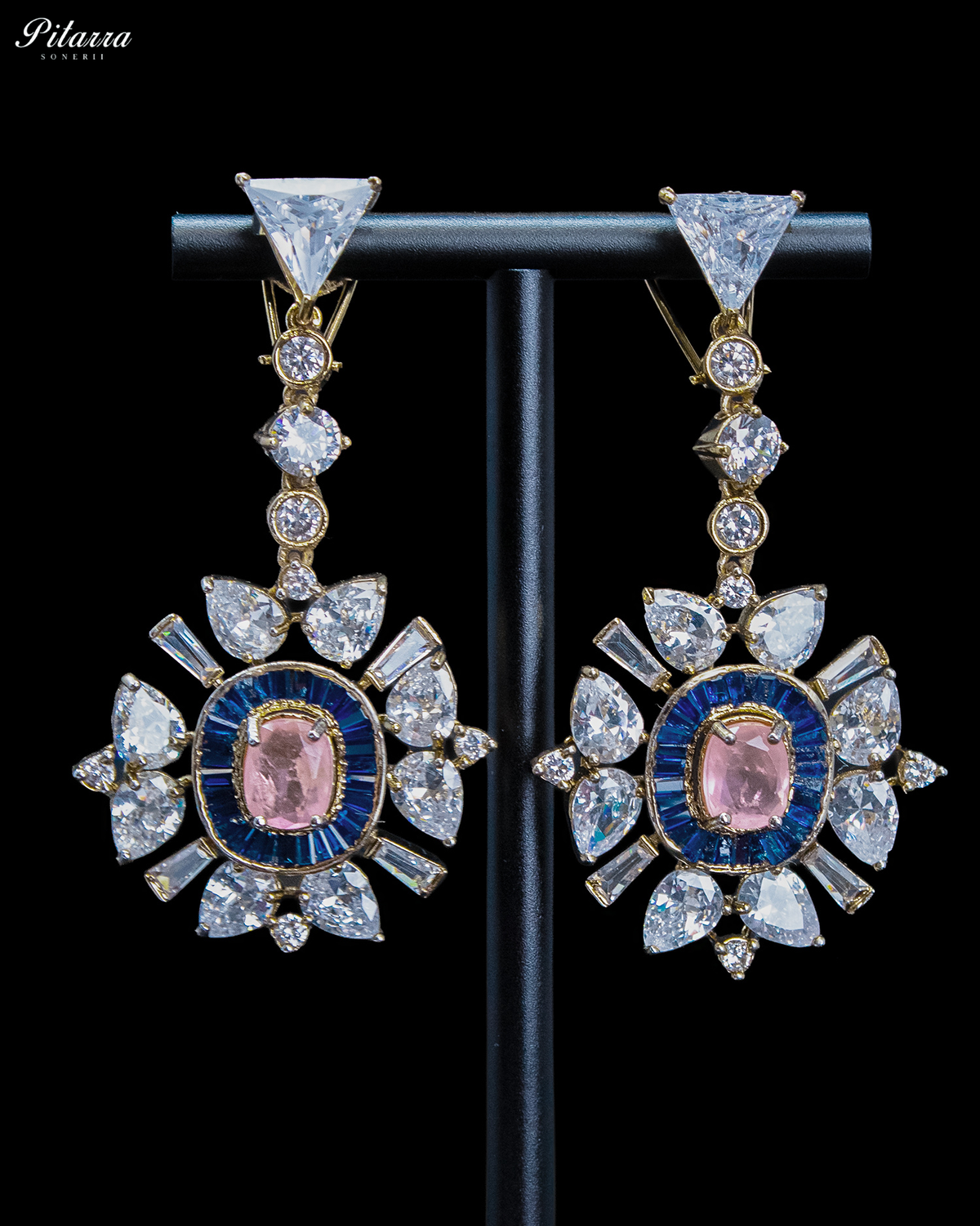 Pink and Blue Kundan Floral Drop Earrings