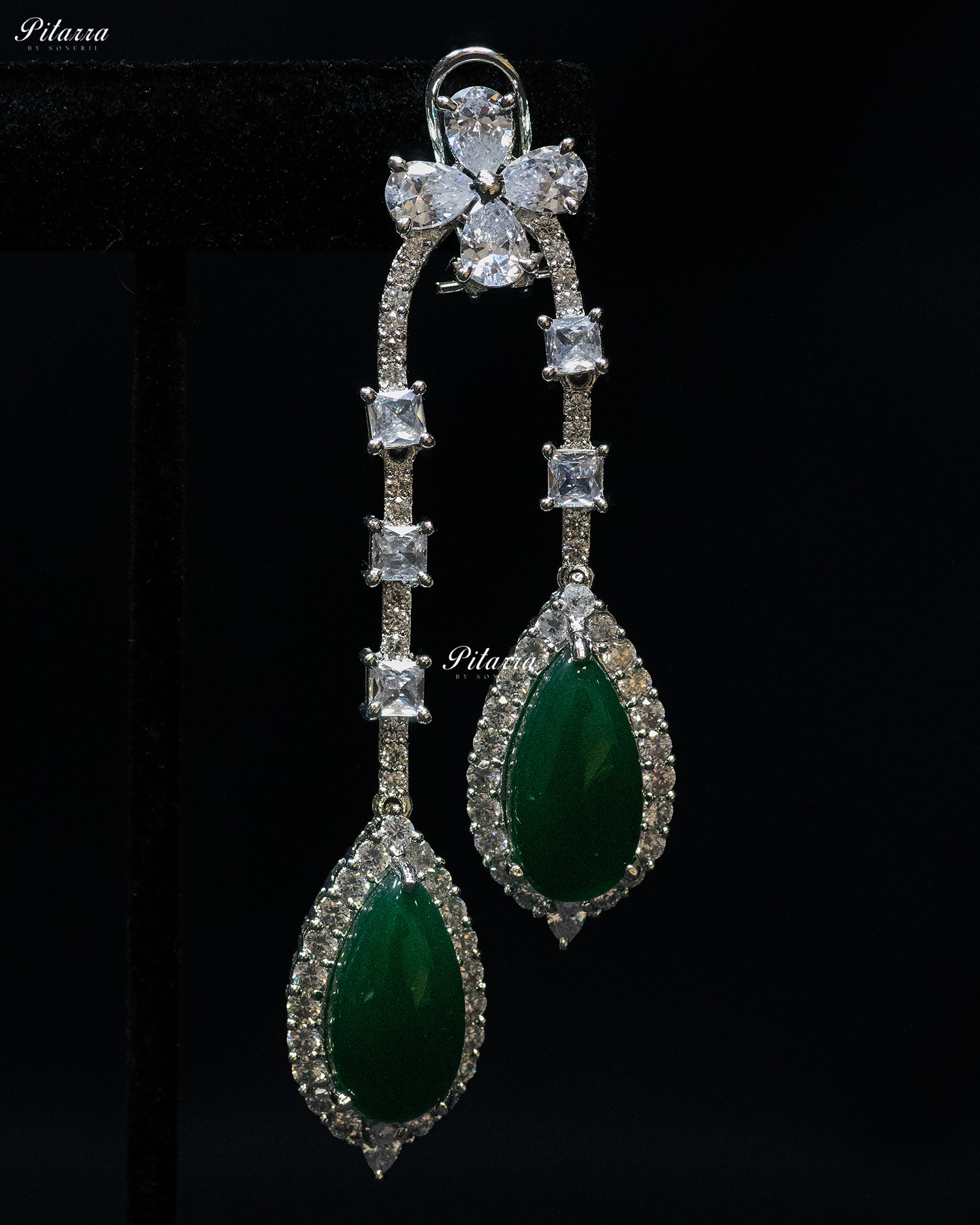 Pitarra Green and Silver Finish Dangler Earrings