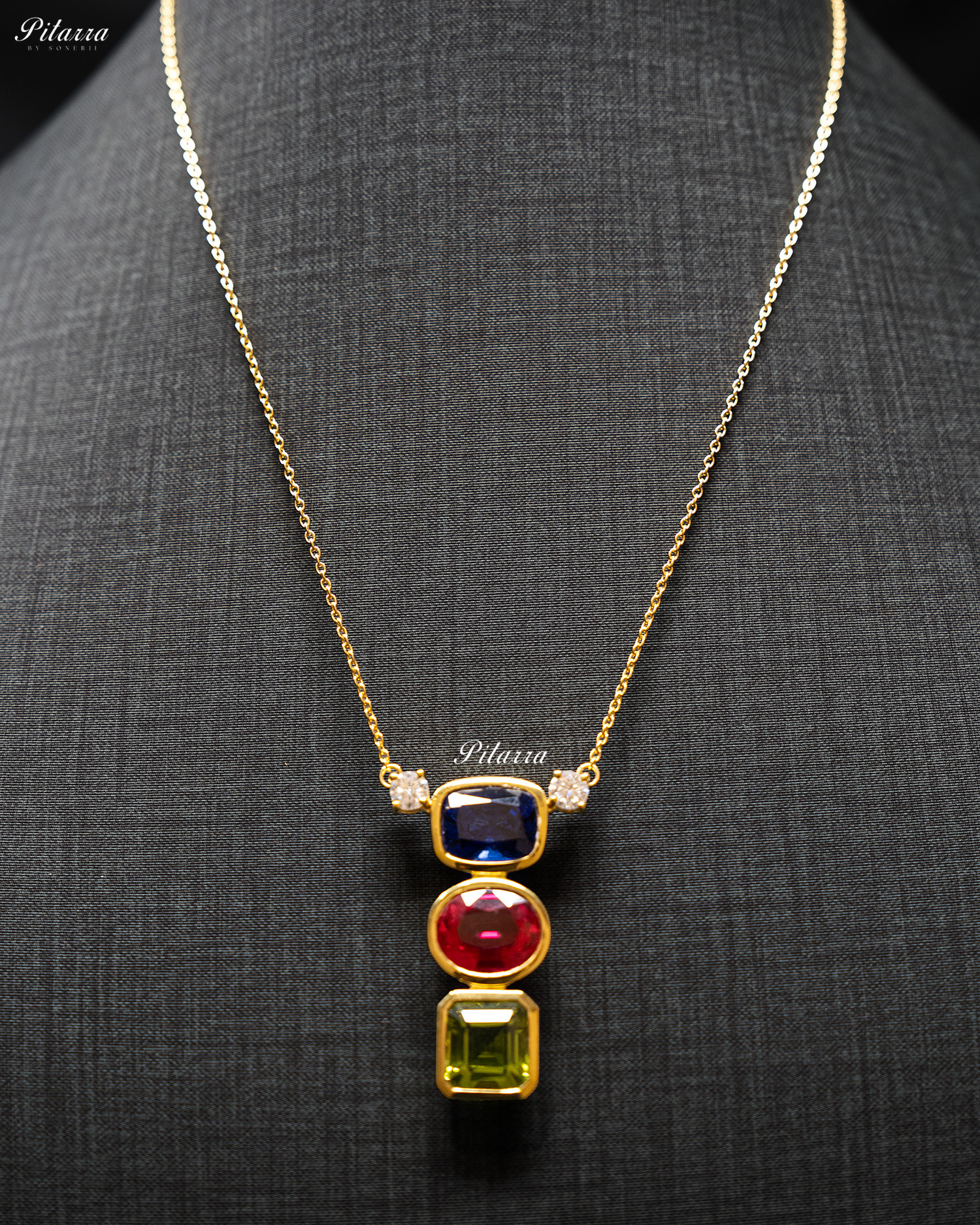 Gold Chain Square Blue Top Stone Square Green Drop Pendent Set