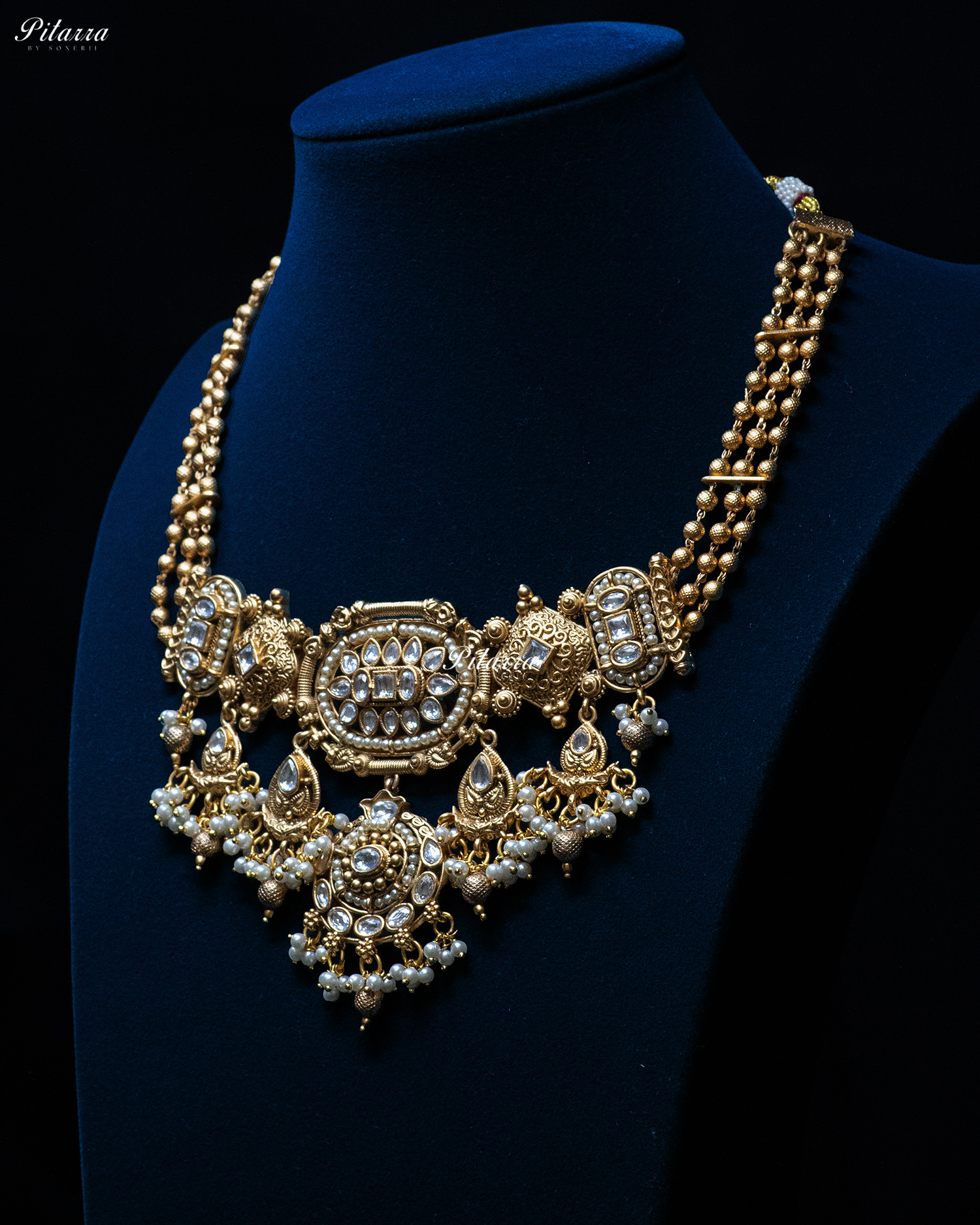 White Stone Gold Finish Two Layer Kundan Necklace Set