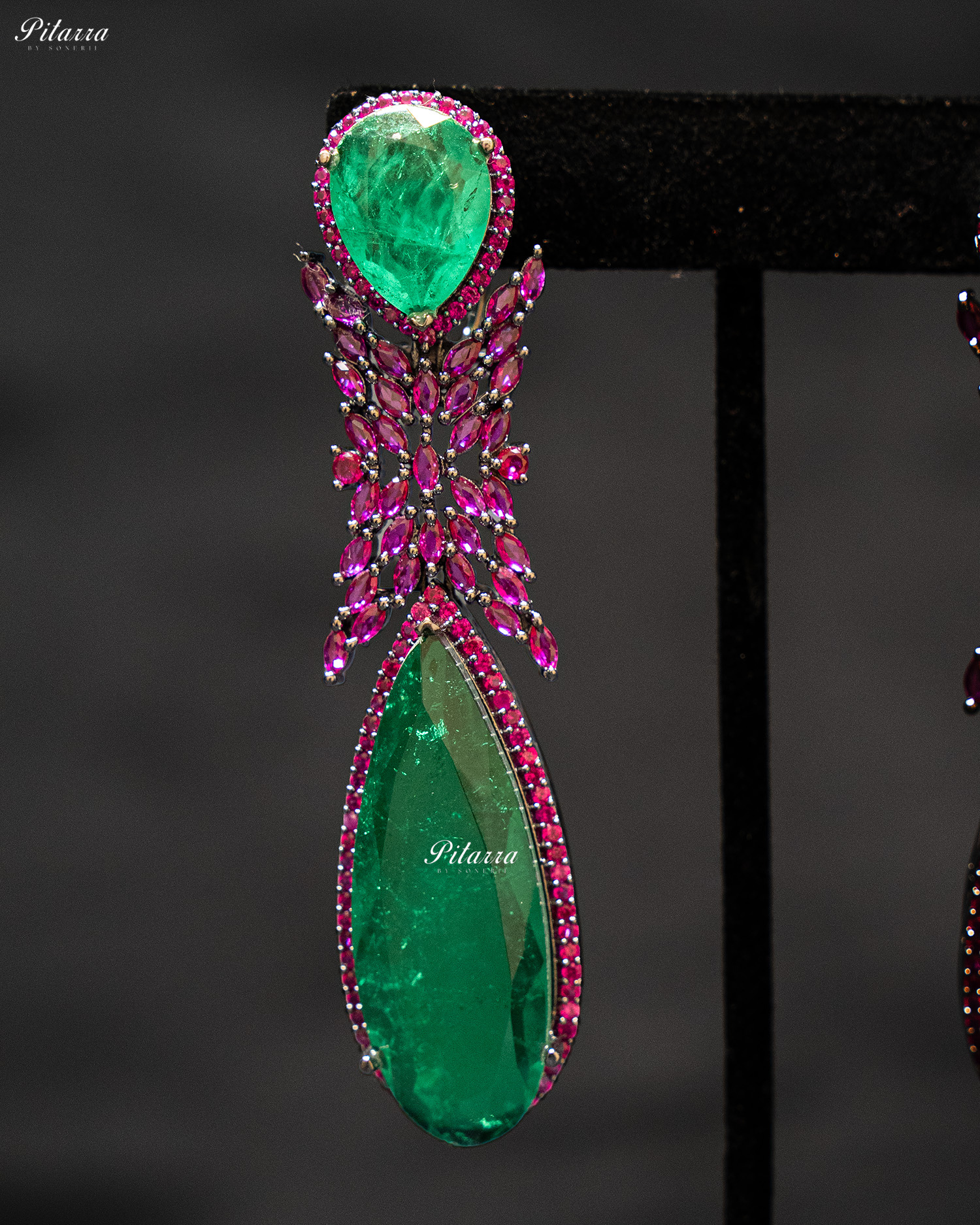 Green Stone Purple Finish Contemporary Drop Earrings