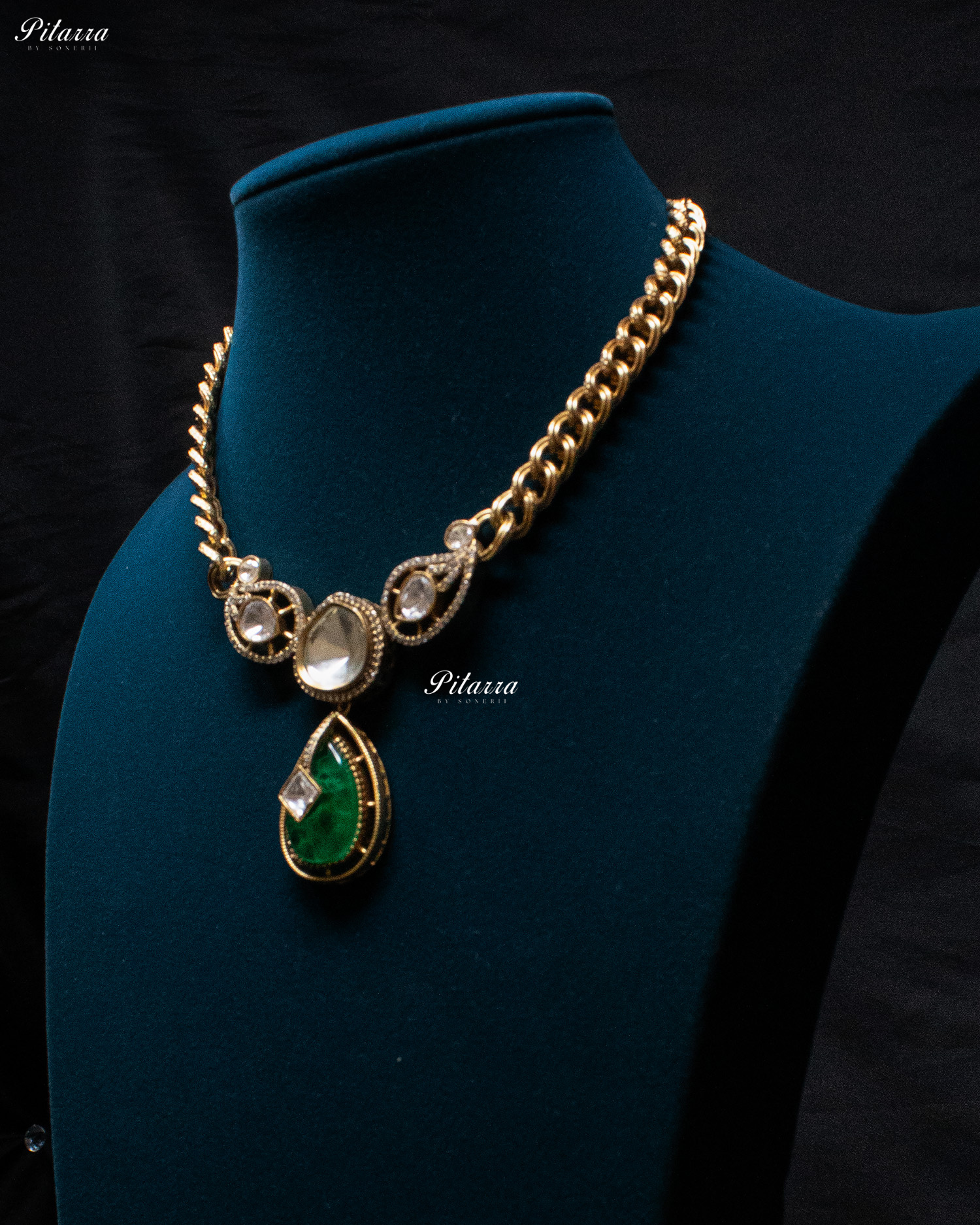 Emerald Drop Kundan Necklace Set with Matching Earrings
