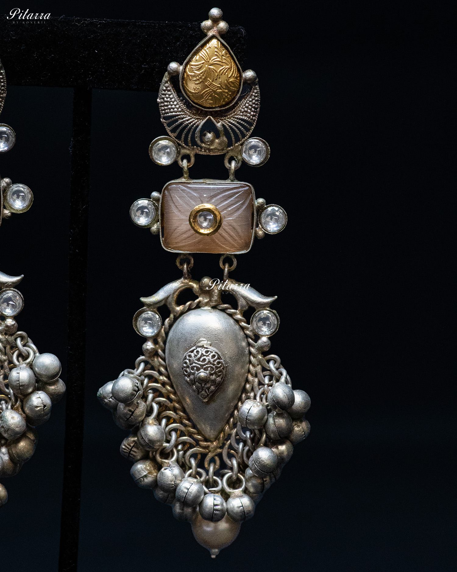 Antique Design Peach Stone Silver Look Alike Dangle Earrings