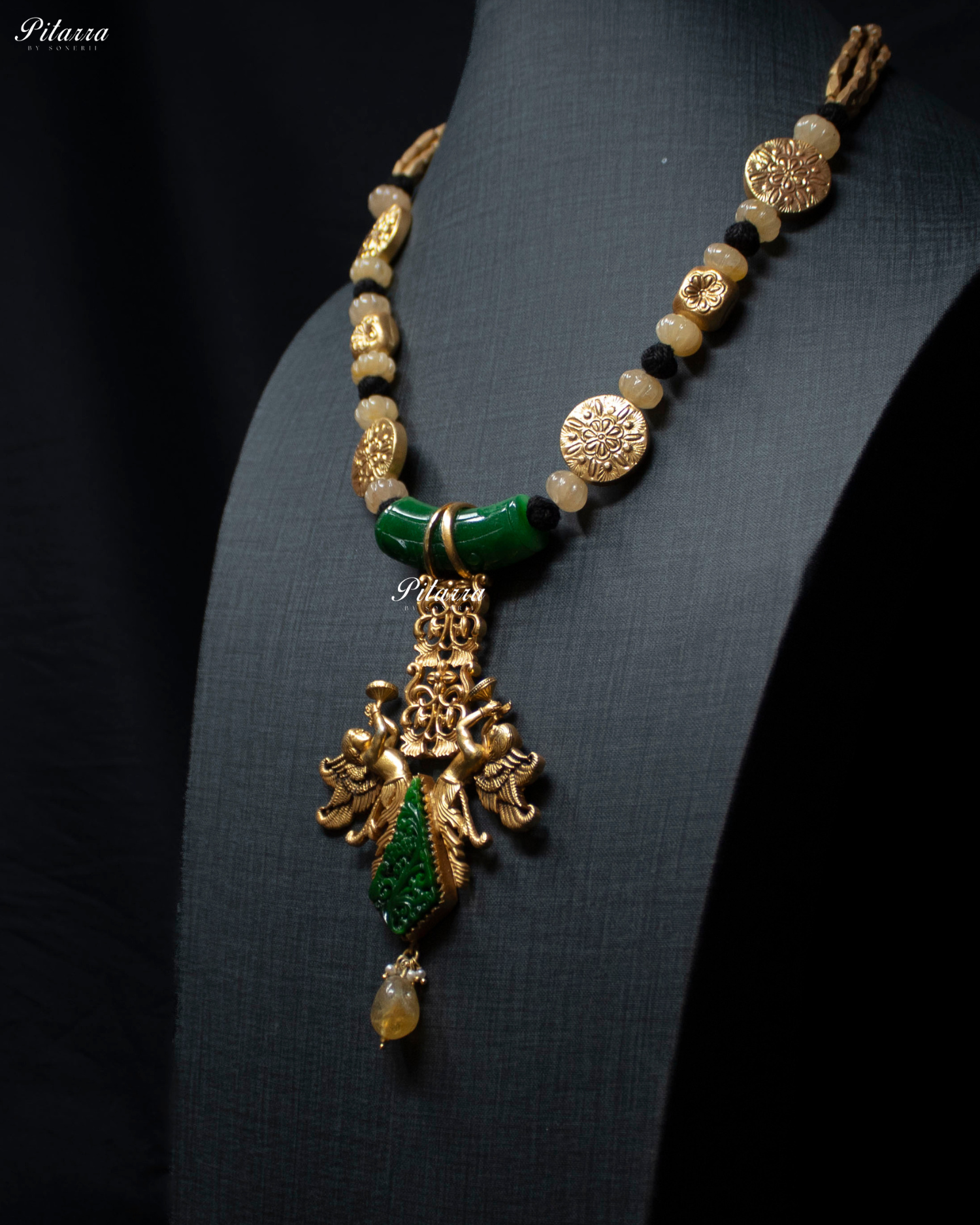 Cherub Figure Golden Beads 92.5 Silver Necklace