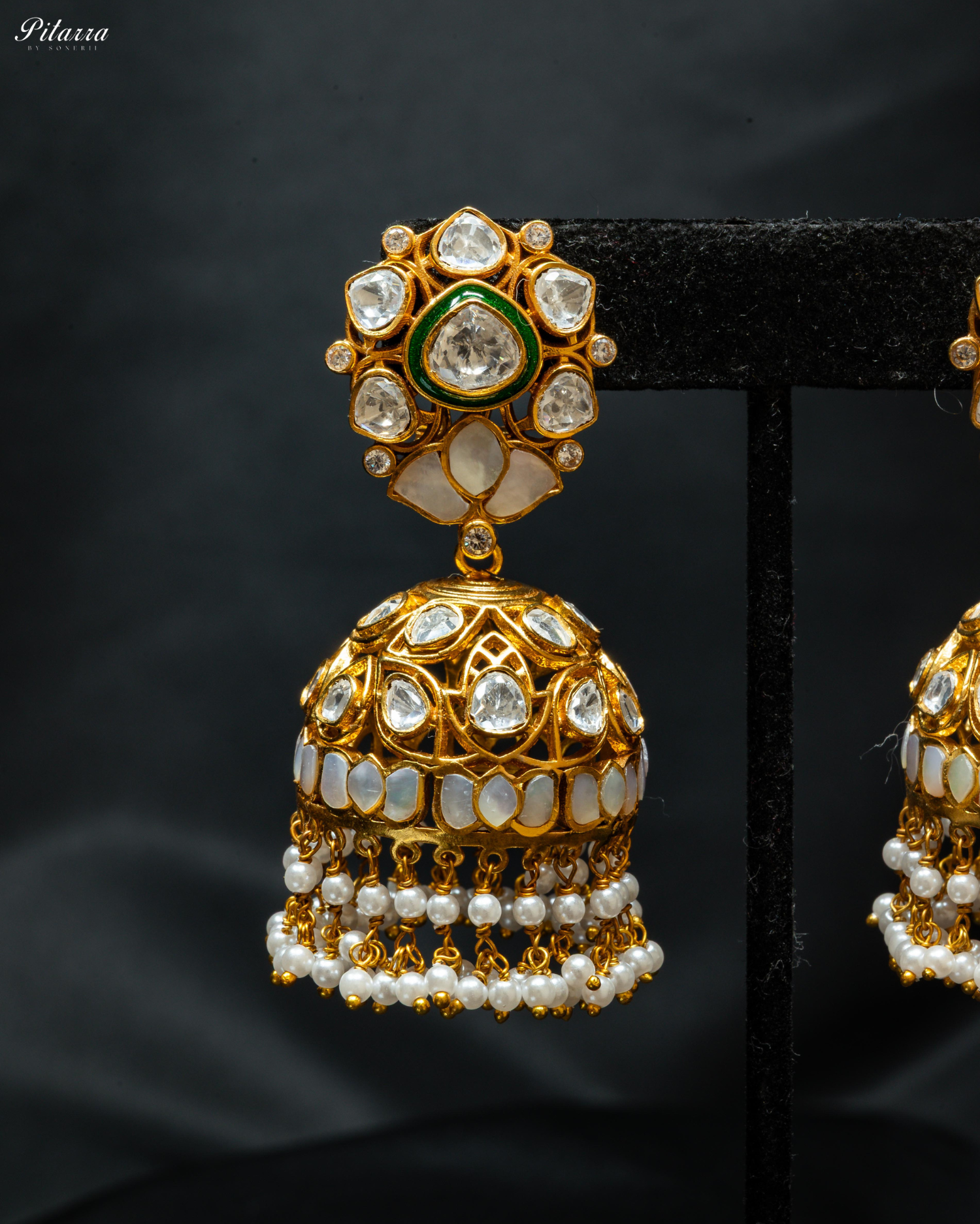 Golden Arts Green Meenakari Kundan Jhumka Earrings