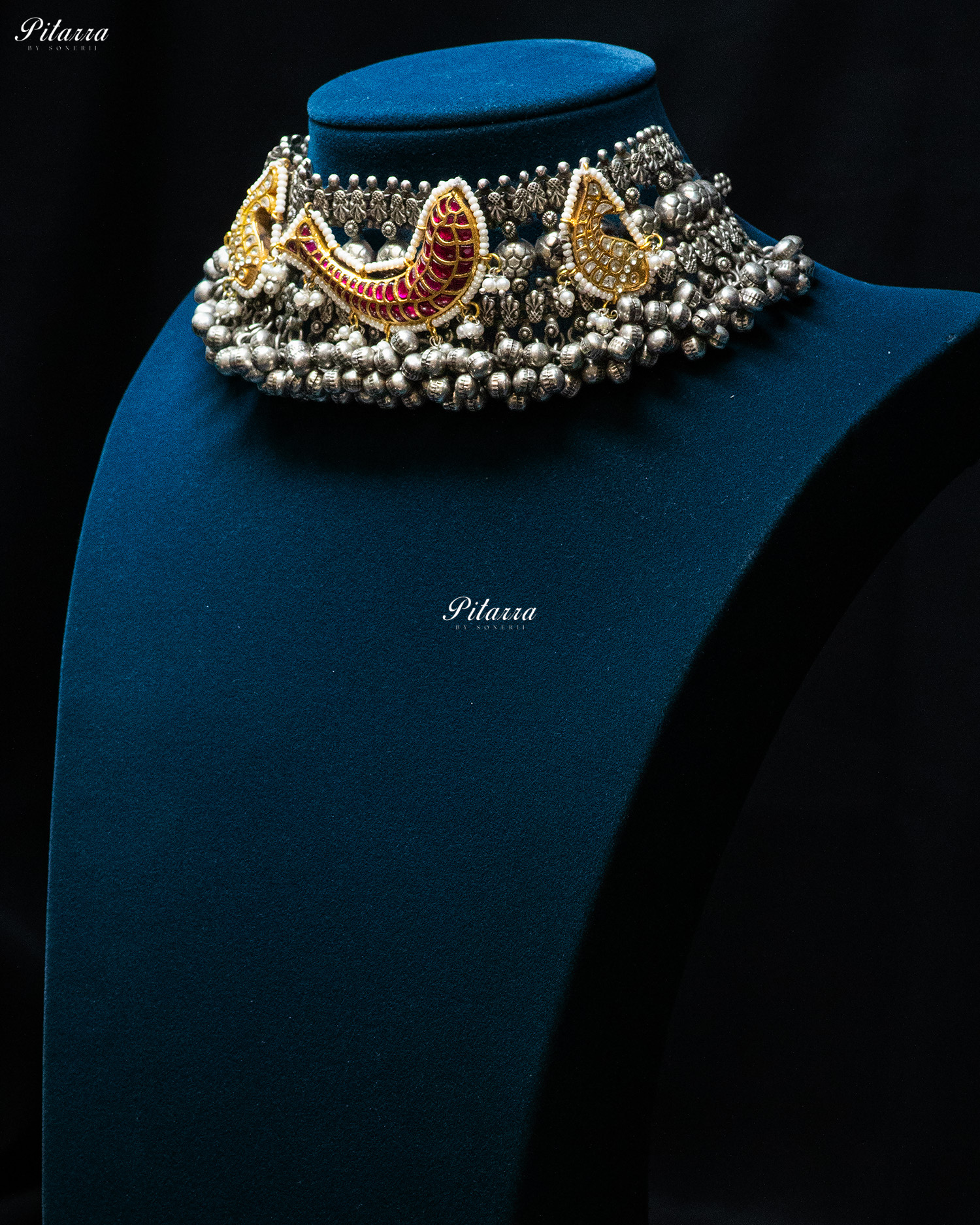 Center Pink Fish Golden Fish Ghunghroo Silver Look Alike Choker Set