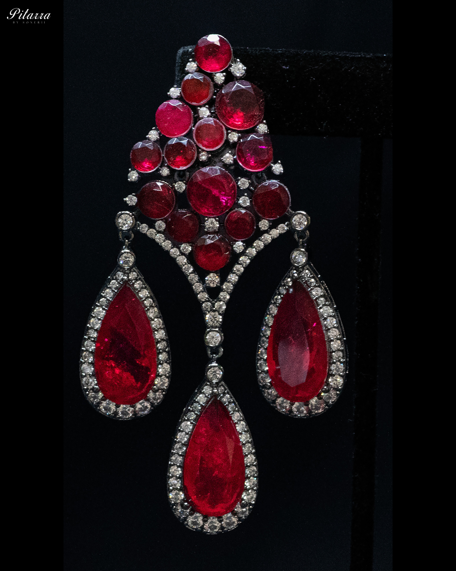 Red Stone Three Teardrop Golden Finish CZ Crystal Dangler Earrings