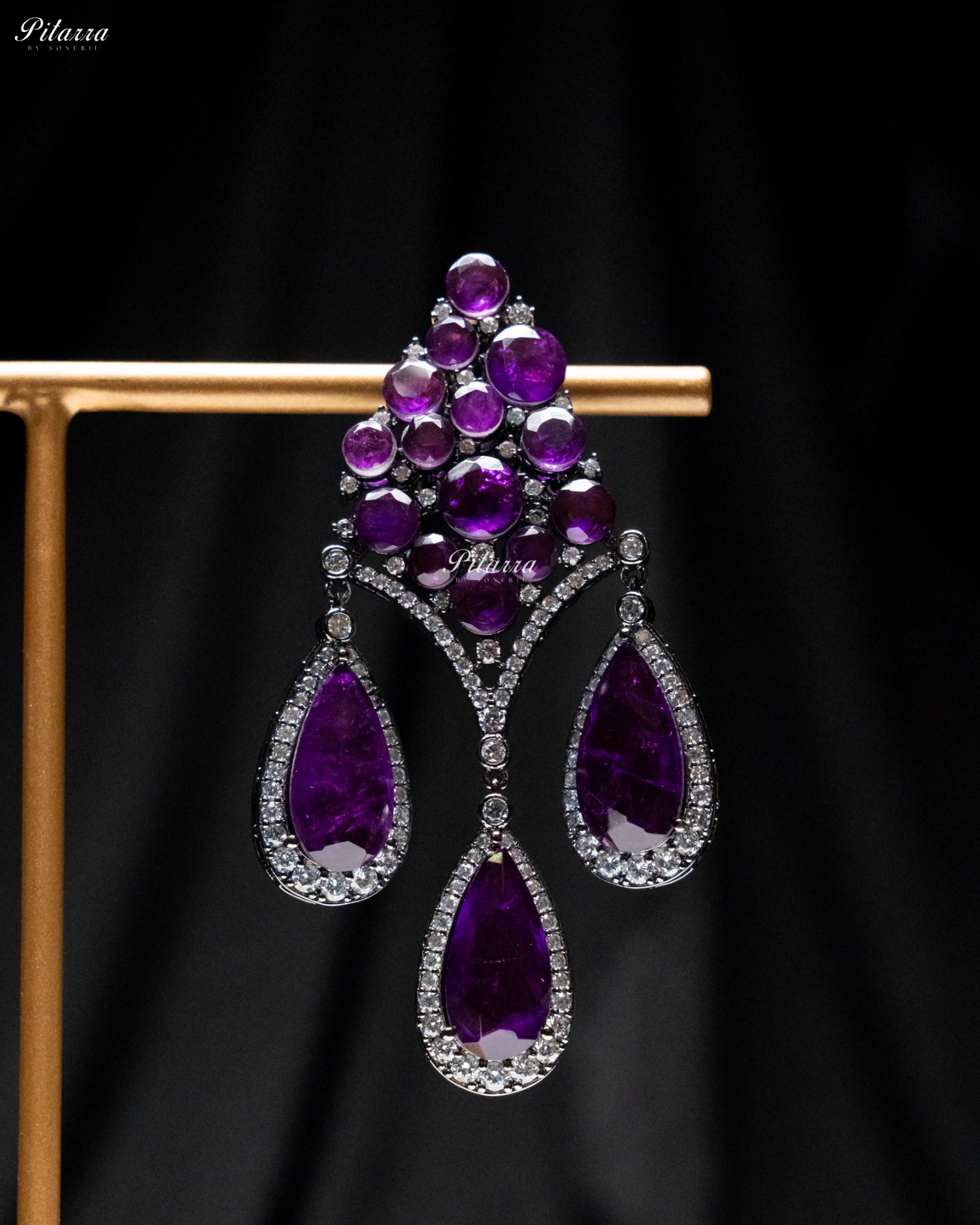 Purple Stone Three Teardrop CZ Doublet Dangler Earrings