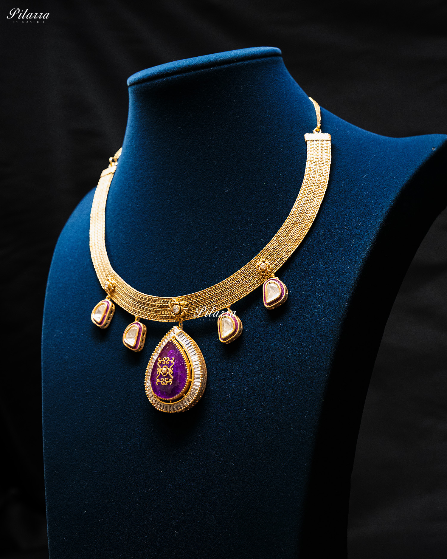 Big Purple Teardrop Gold Plated Kundan Necklace Set