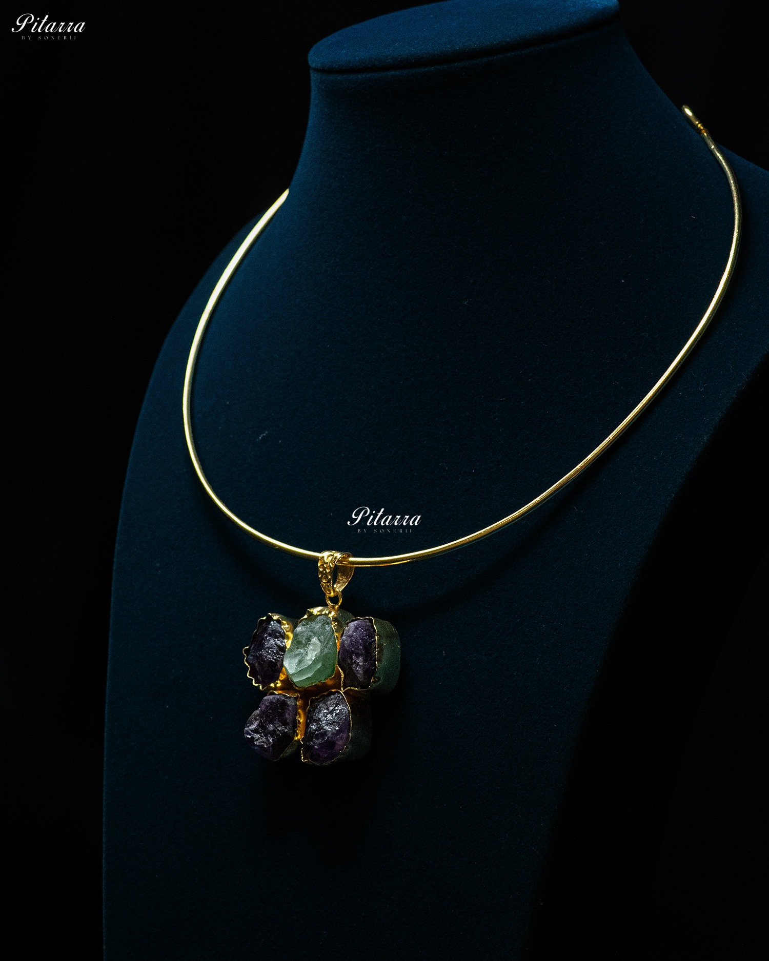 Gold Plated Aqua Raw Stone Collar Pendant Set