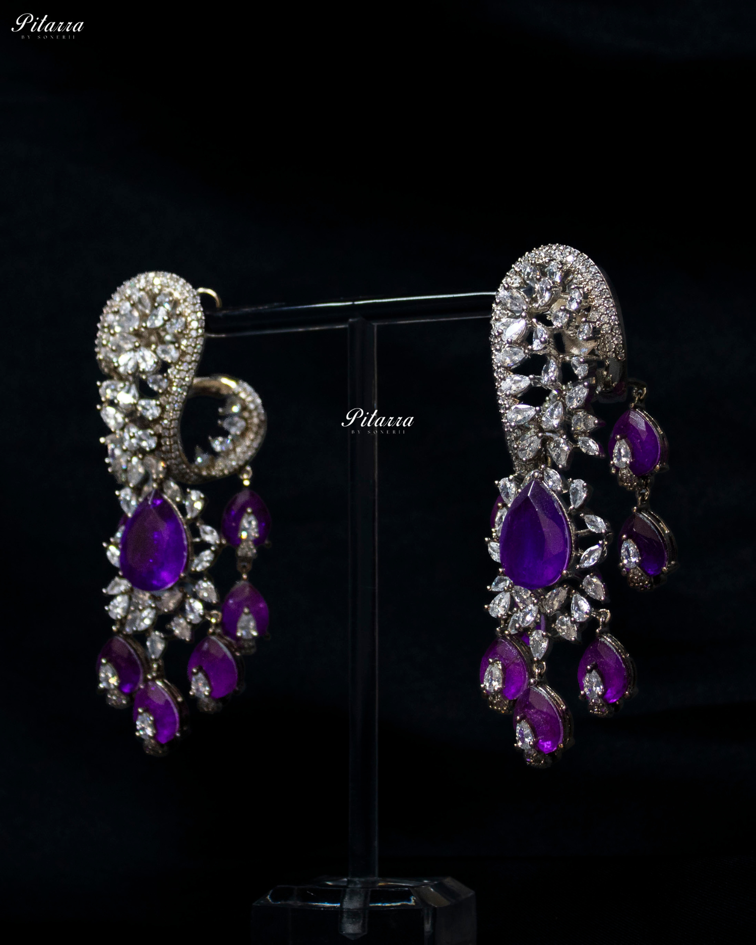 Purple Silver Polish CZ Crystal Dangler Earrings