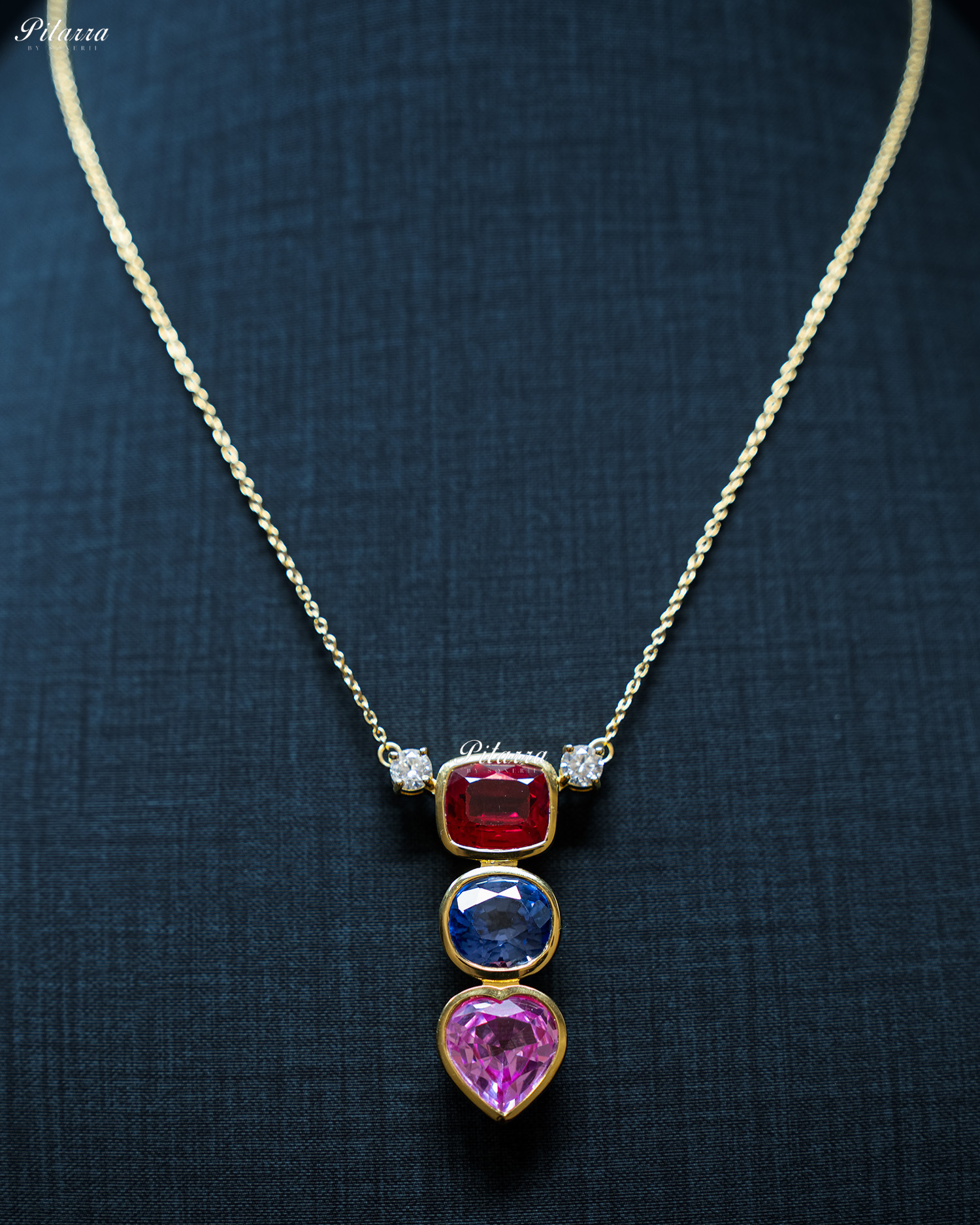 Gold Chain Red Square Top Stone Pink Drop Pendent Set