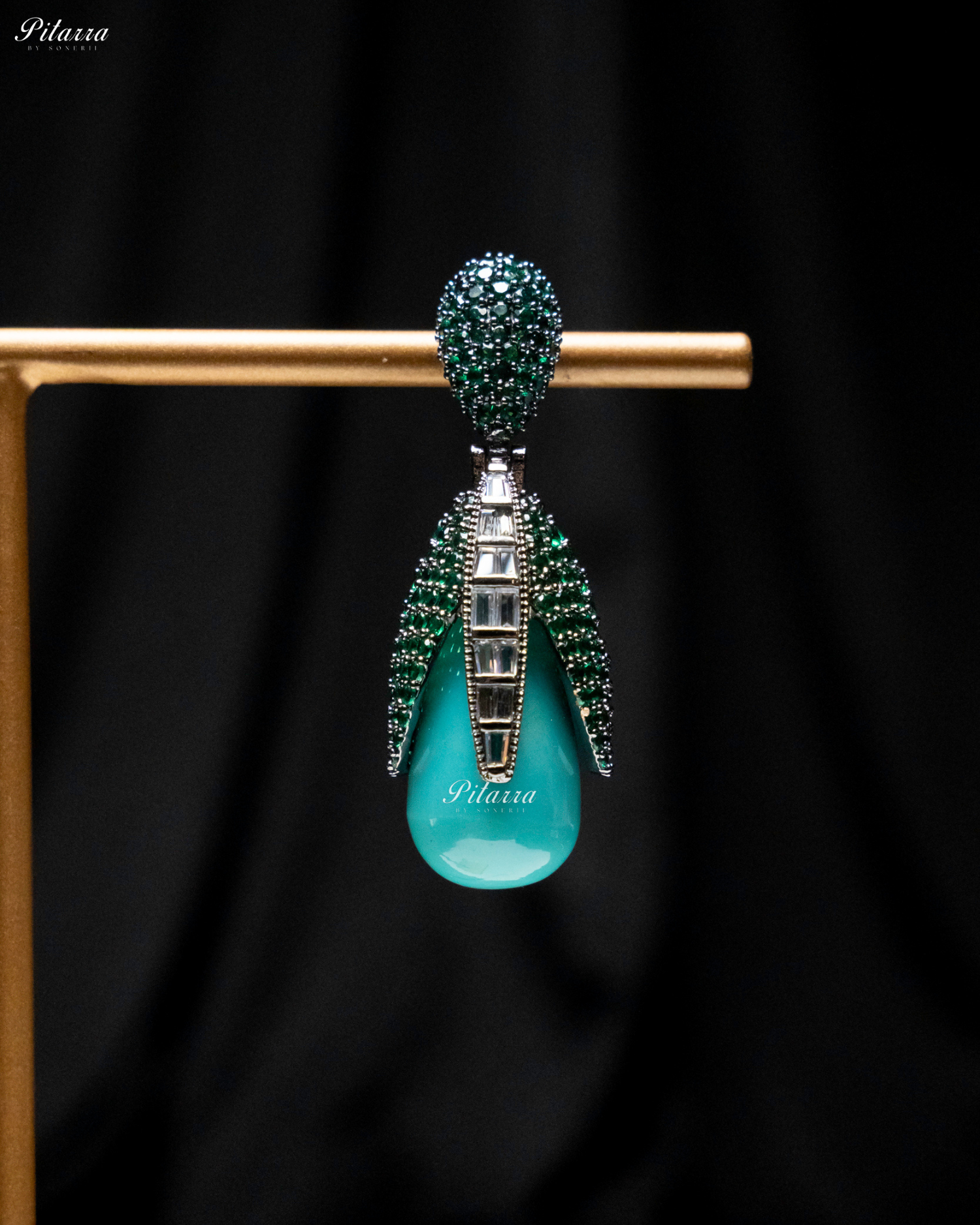 Emerald Leaf Turquoise Teardrop CZ Crystal Earrings