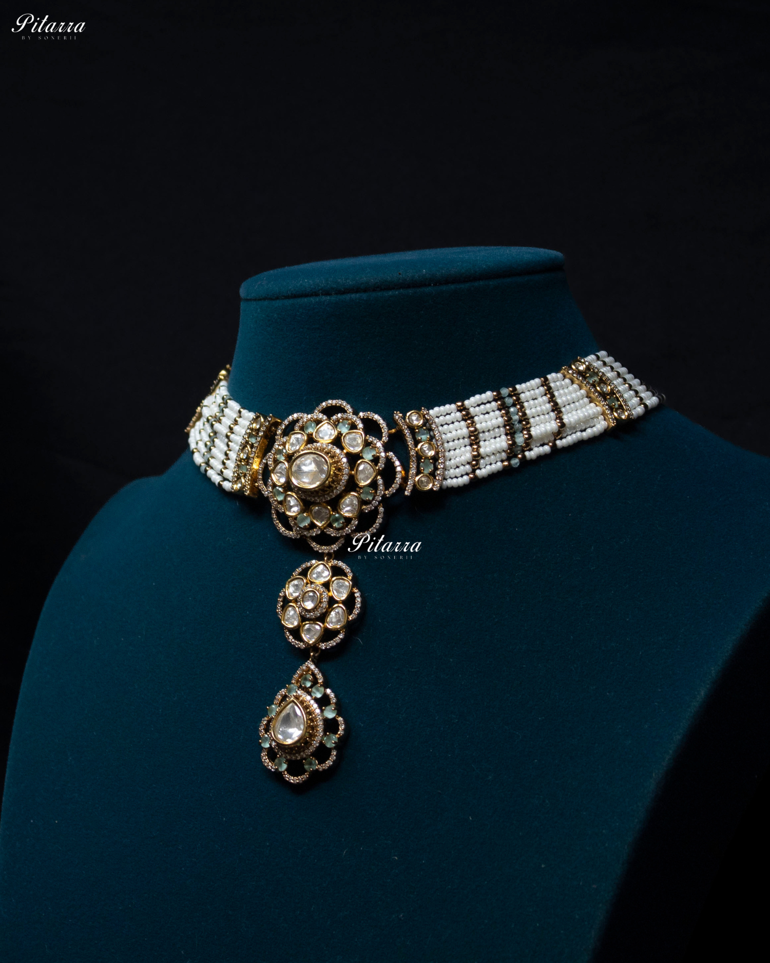 Green Stone Multi Strand Pearl Kundan Choker Set