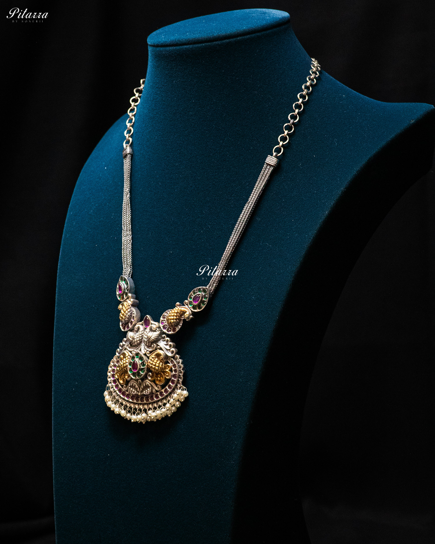 Peacock Carved Pink Stone Pink Layer Stone Silver Look Alike Pendant Set