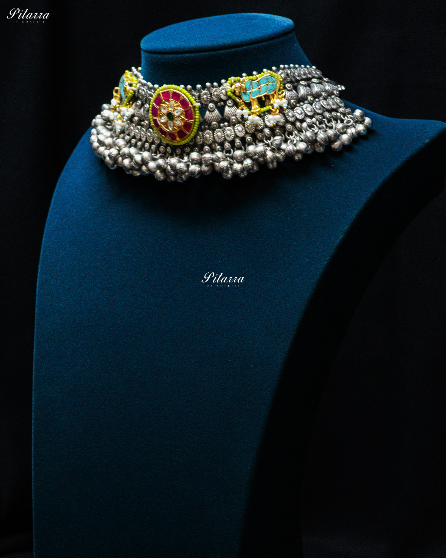 Pink Flora Turquoise Elephant Ghunghroo Silver Look Alike Choker Set
