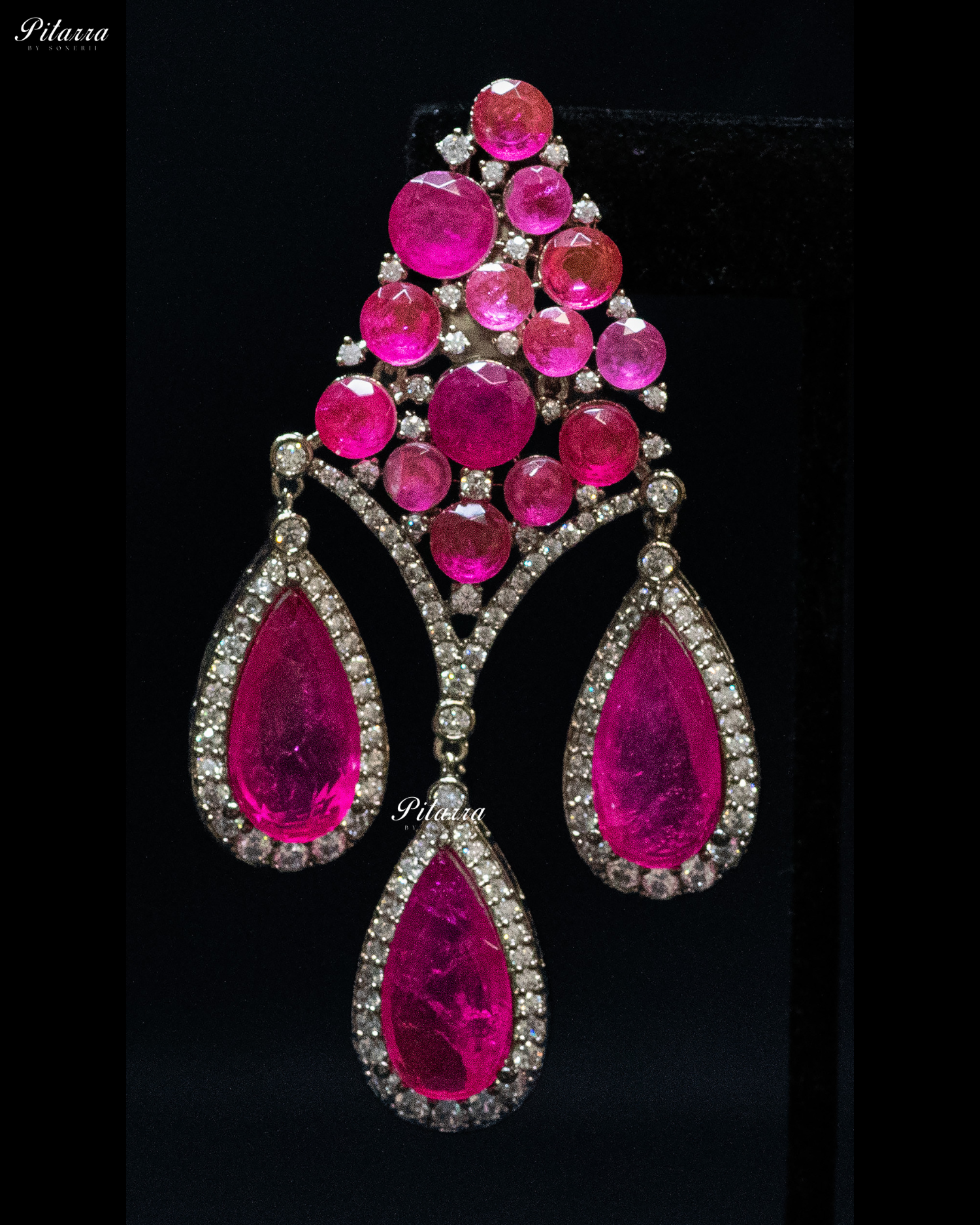 Pink Stone Three Teardrop Golden Finish CZ Crystal Dangler Earrings
