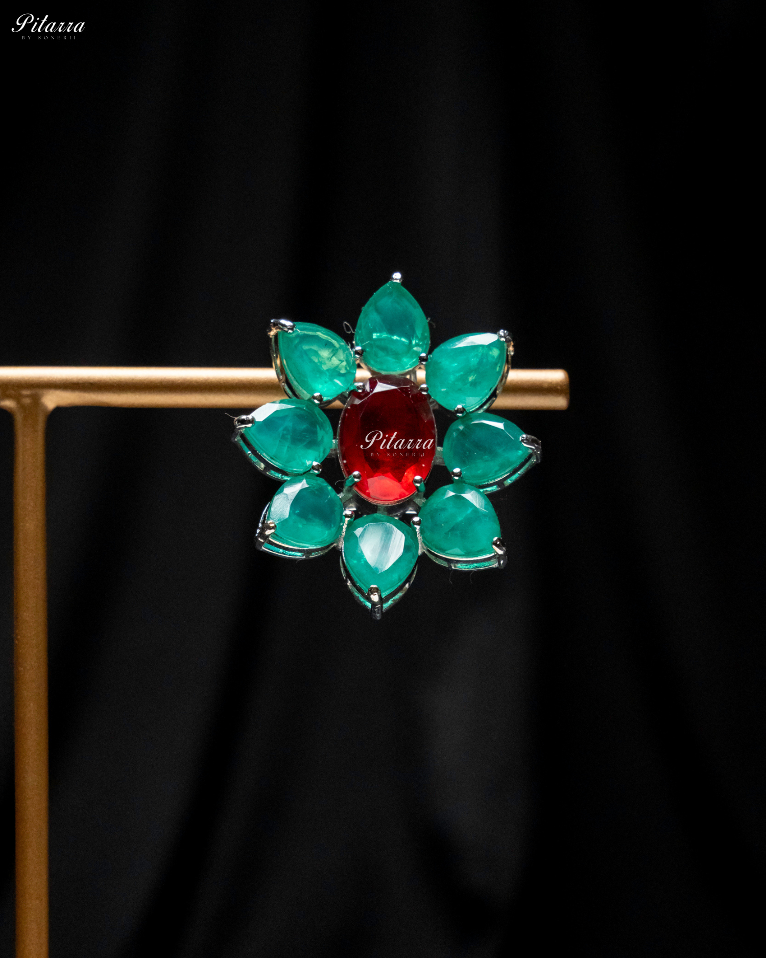 Red Floral Green Petals CZ Crystal Stud Earrings